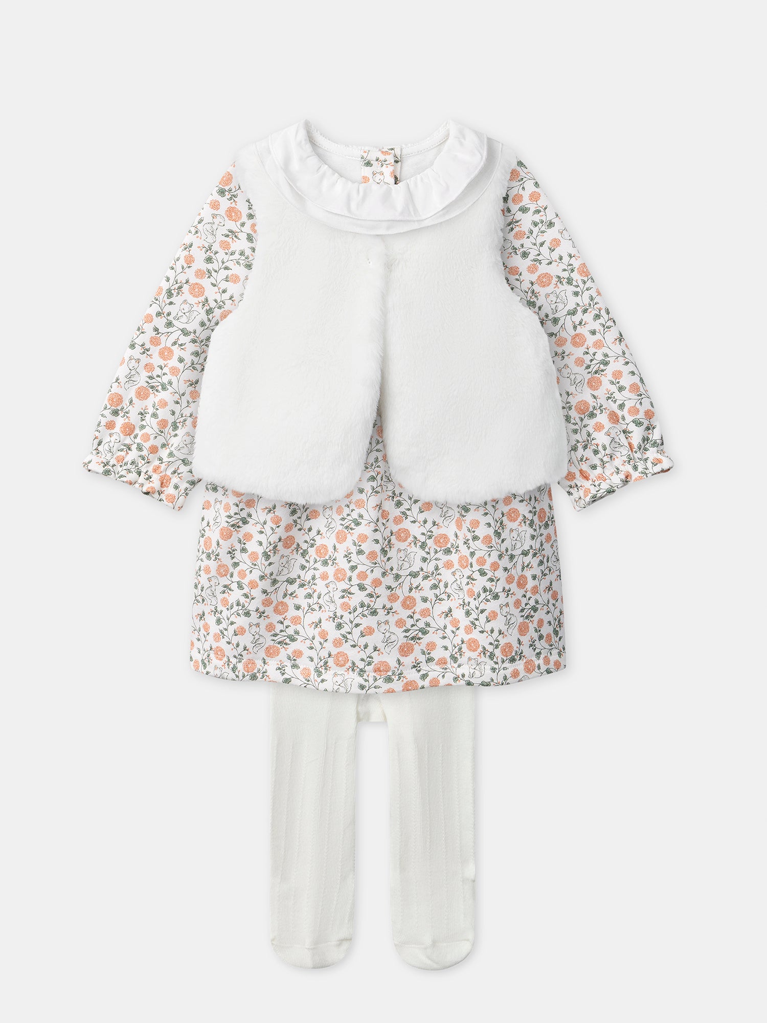 Floral Print Dress + Vest + Tights for Baby Girls