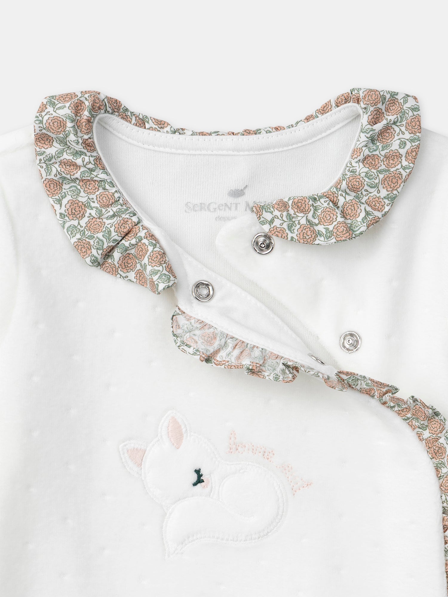 White Velour and Floral Baby Sleepsuit for Girls