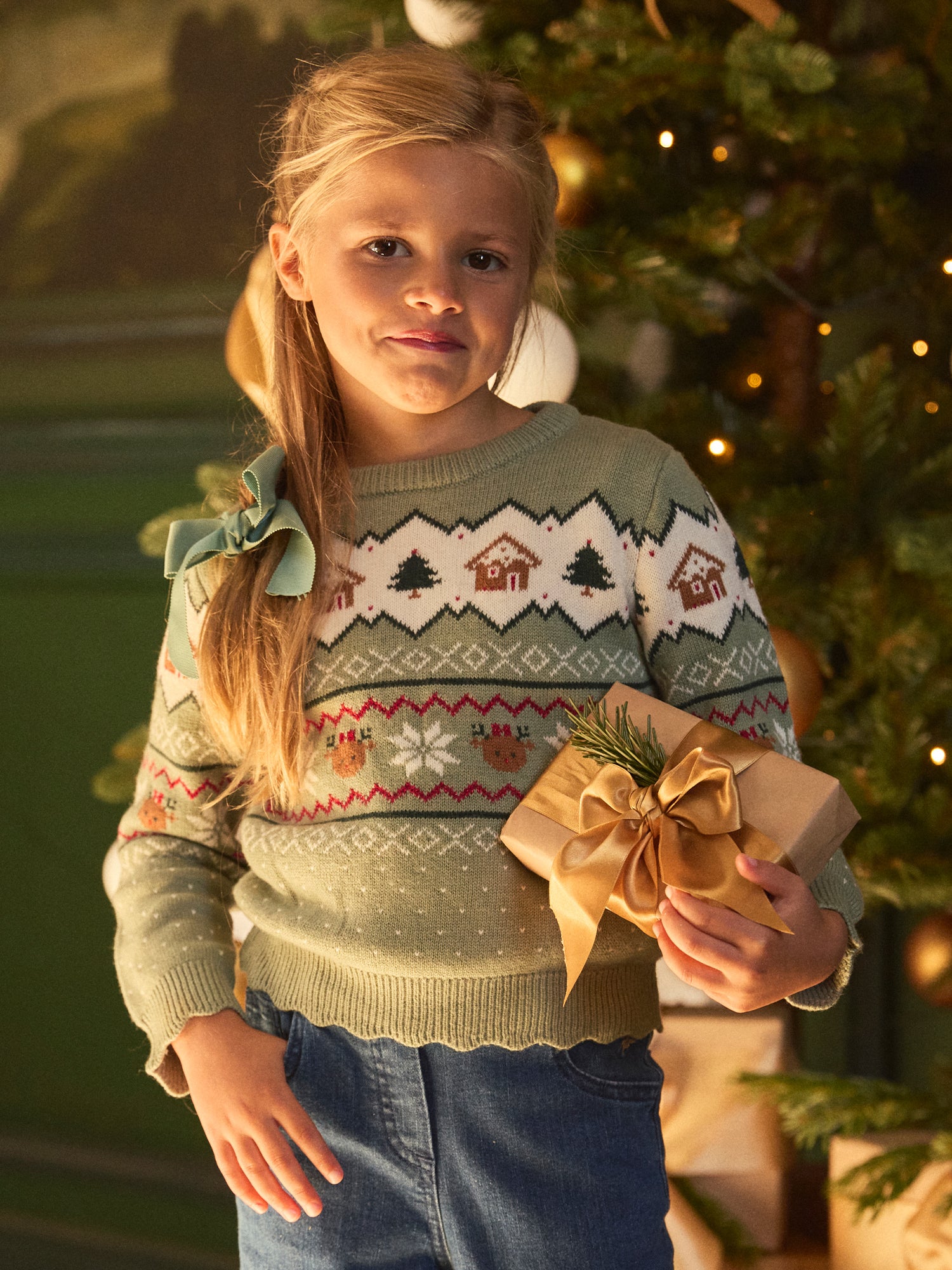 Sage green Christmas sweater for girls