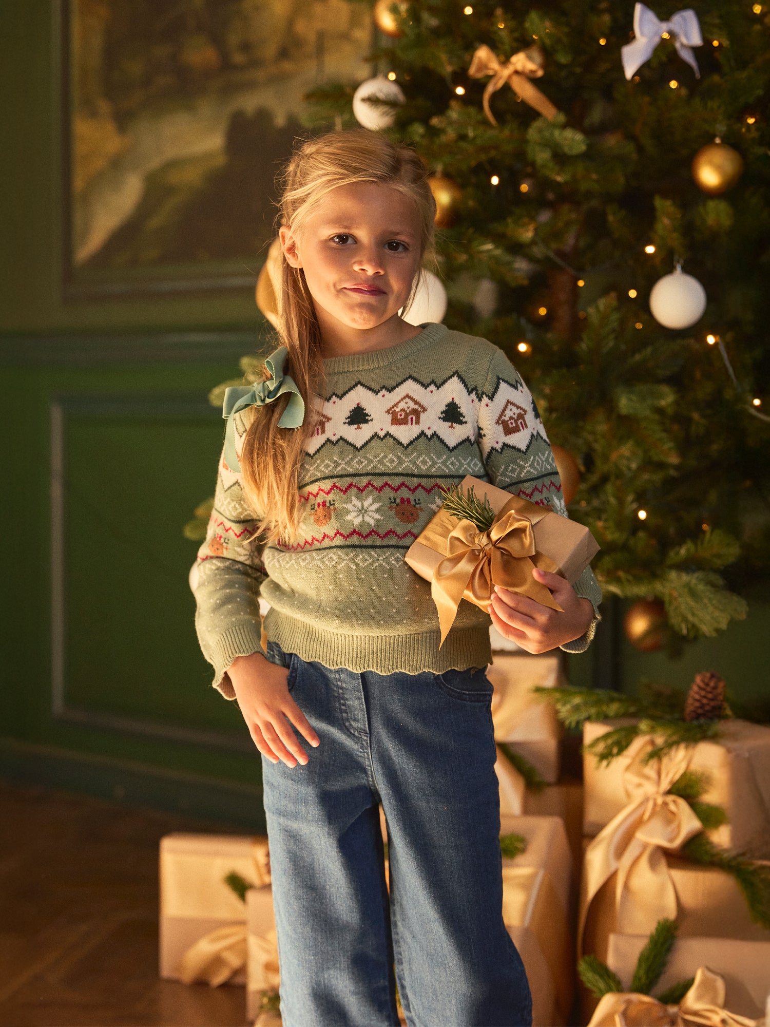 Sage green Christmas sweater for girls