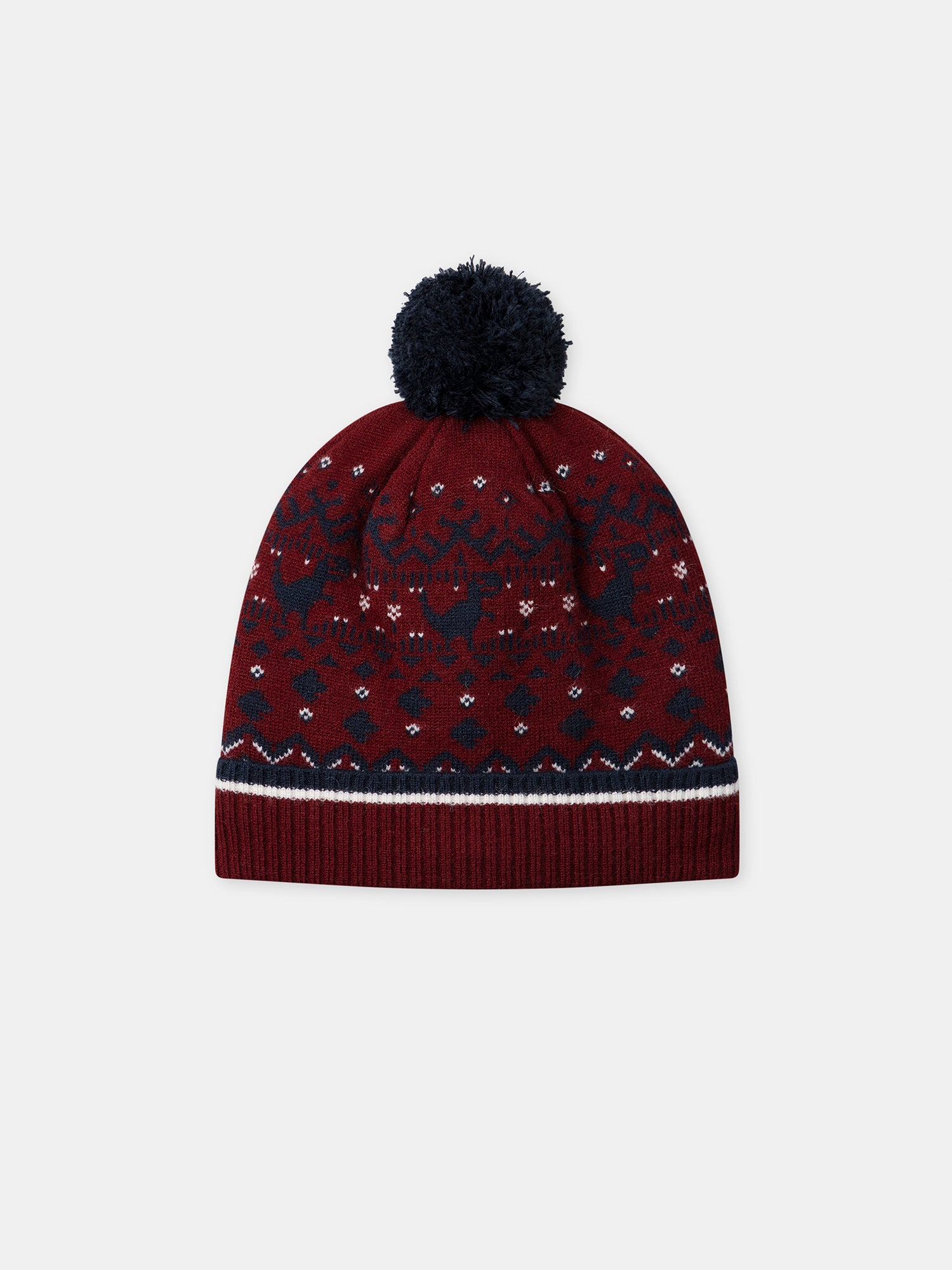 Bordeaux hat with dinosaur pattern and pompom for boys