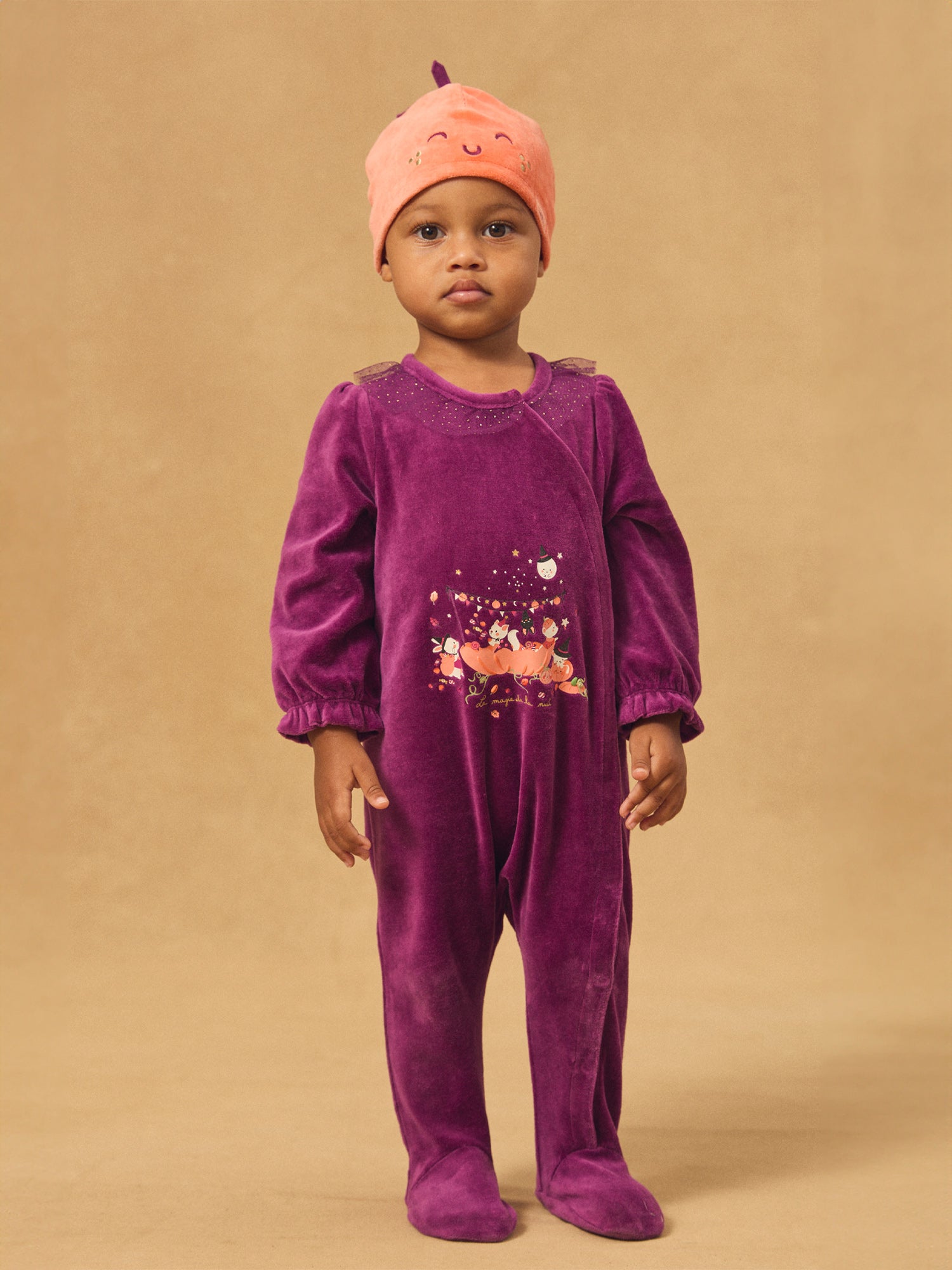 Purple velvet sleeping bag + Pumpkin hat Baby Girl
