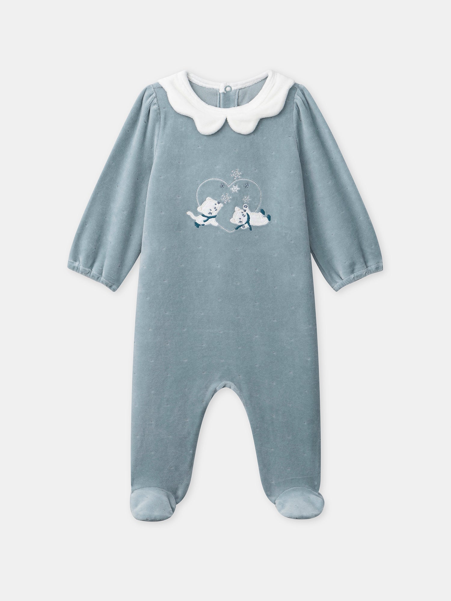 Blue velvet onesie with cat embroidery for baby girls