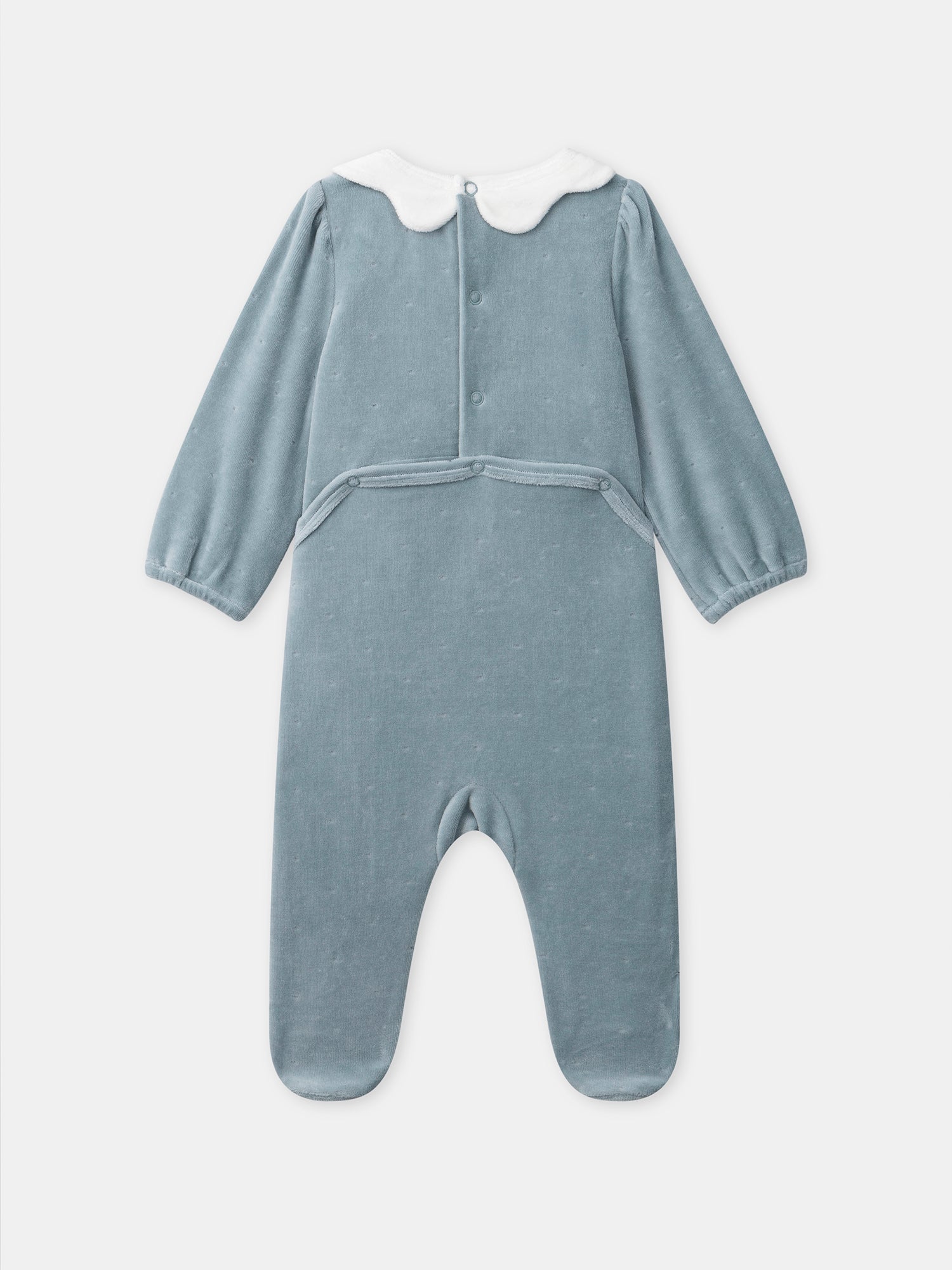 Blue velvet onesie with cat embroidery for baby girls