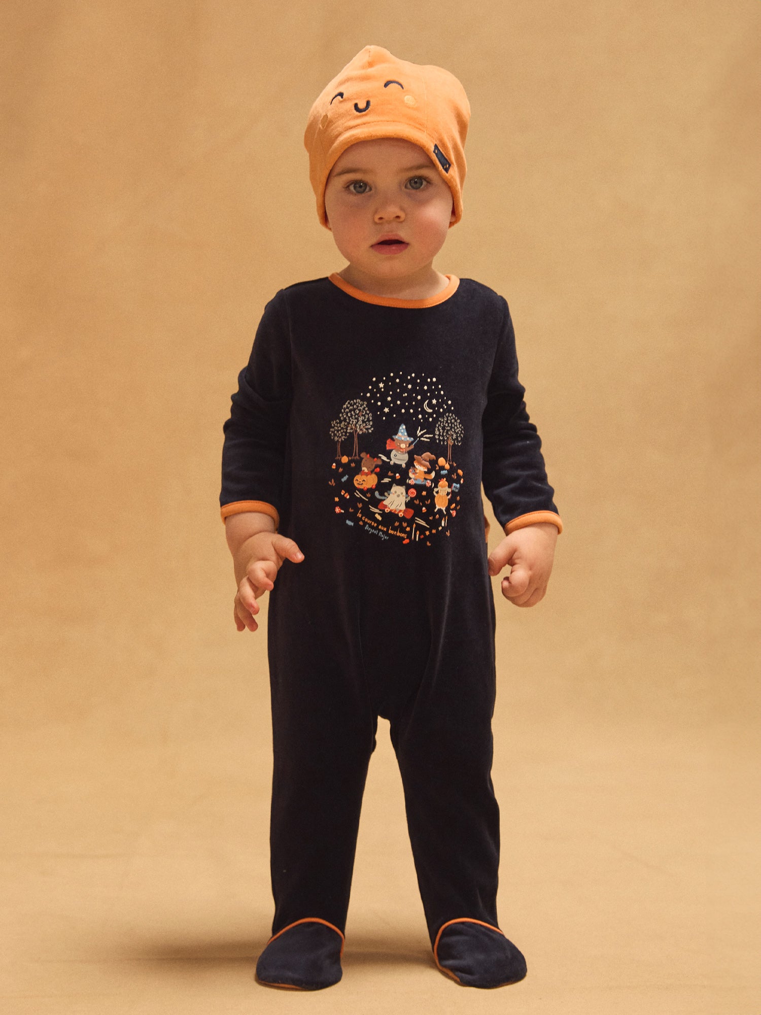 Navy Blue Velour Bodysuit + Pumpkin Hat for Baby Boy
