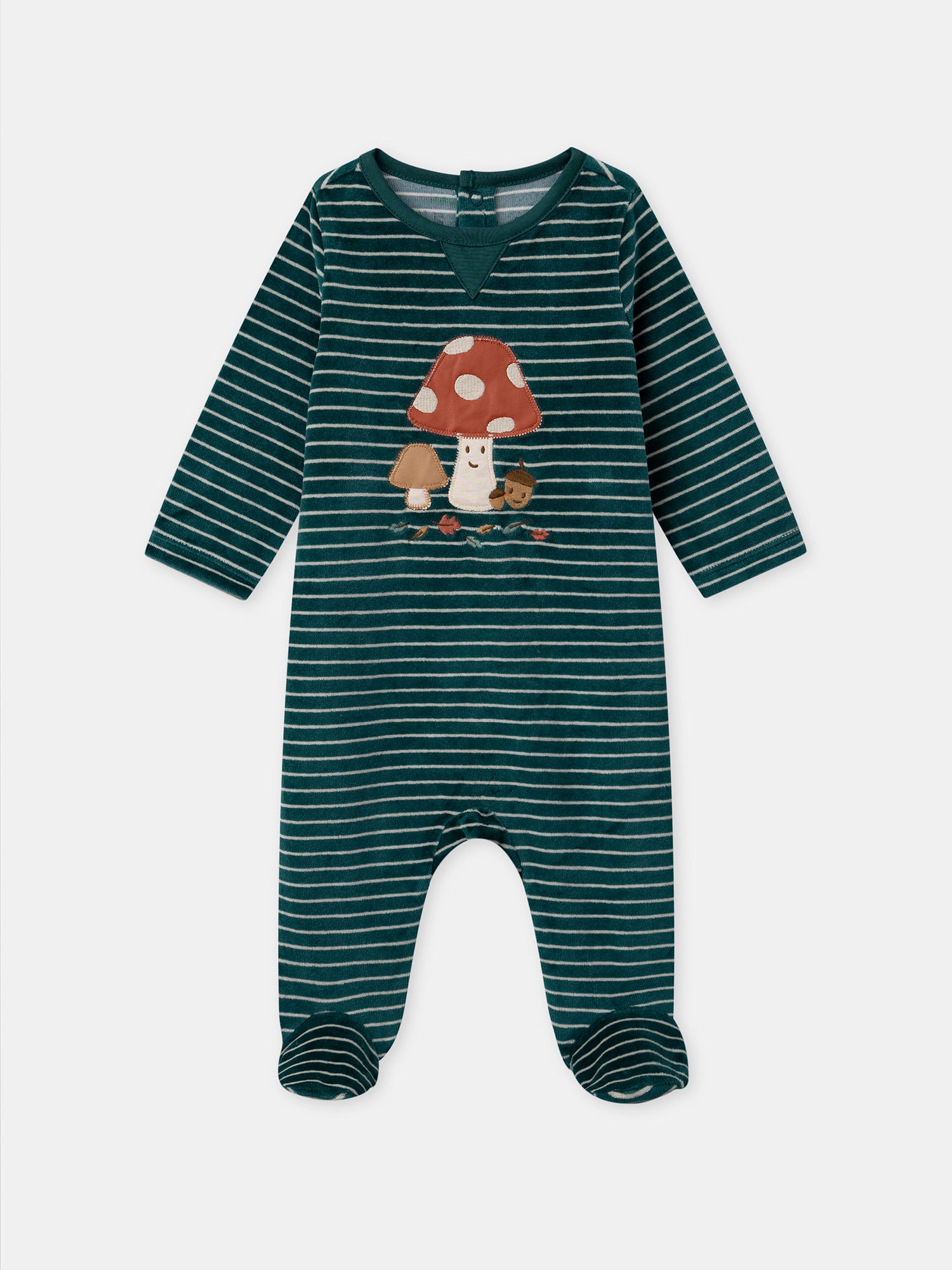 Green velour sleeper with stripes and mushroom embroidery for Baby Boy