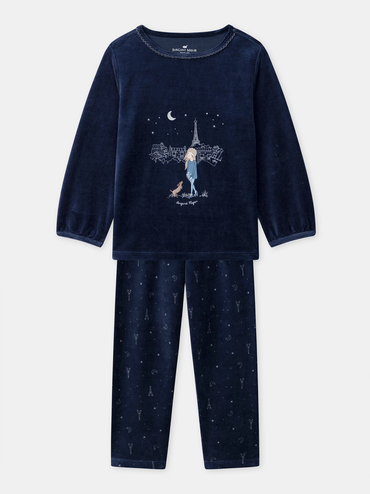 Navy blue velvet pyjama with Eiffel Tower print for girls