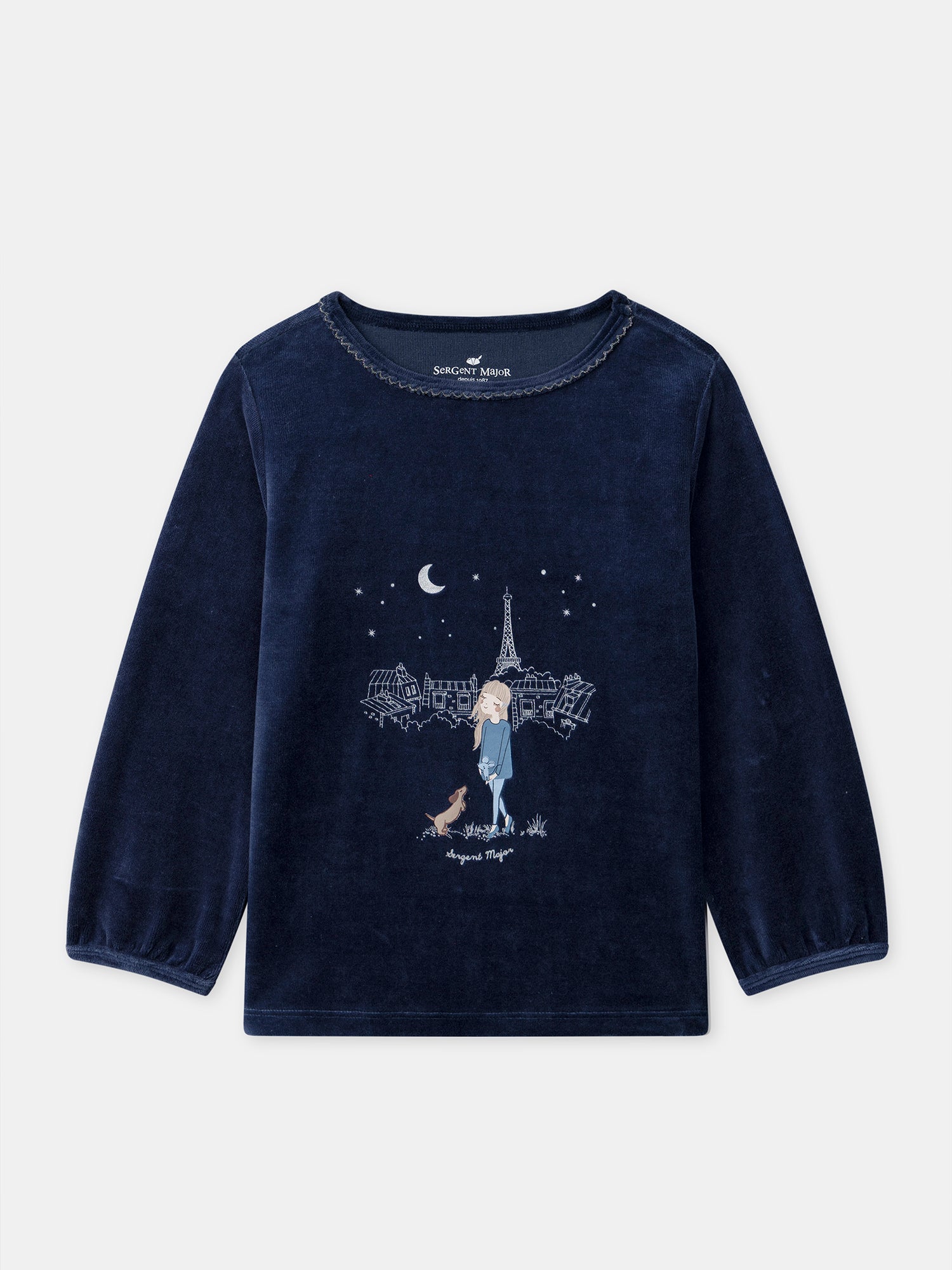 Navy blue velvet pyjama with Eiffel Tower print for girls