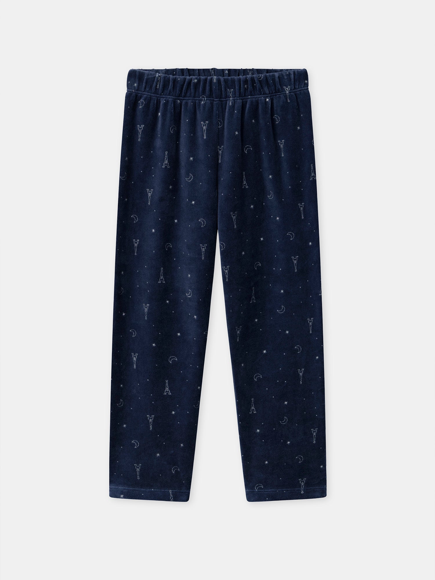 Navy blue velvet pyjama with Eiffel Tower print for girls