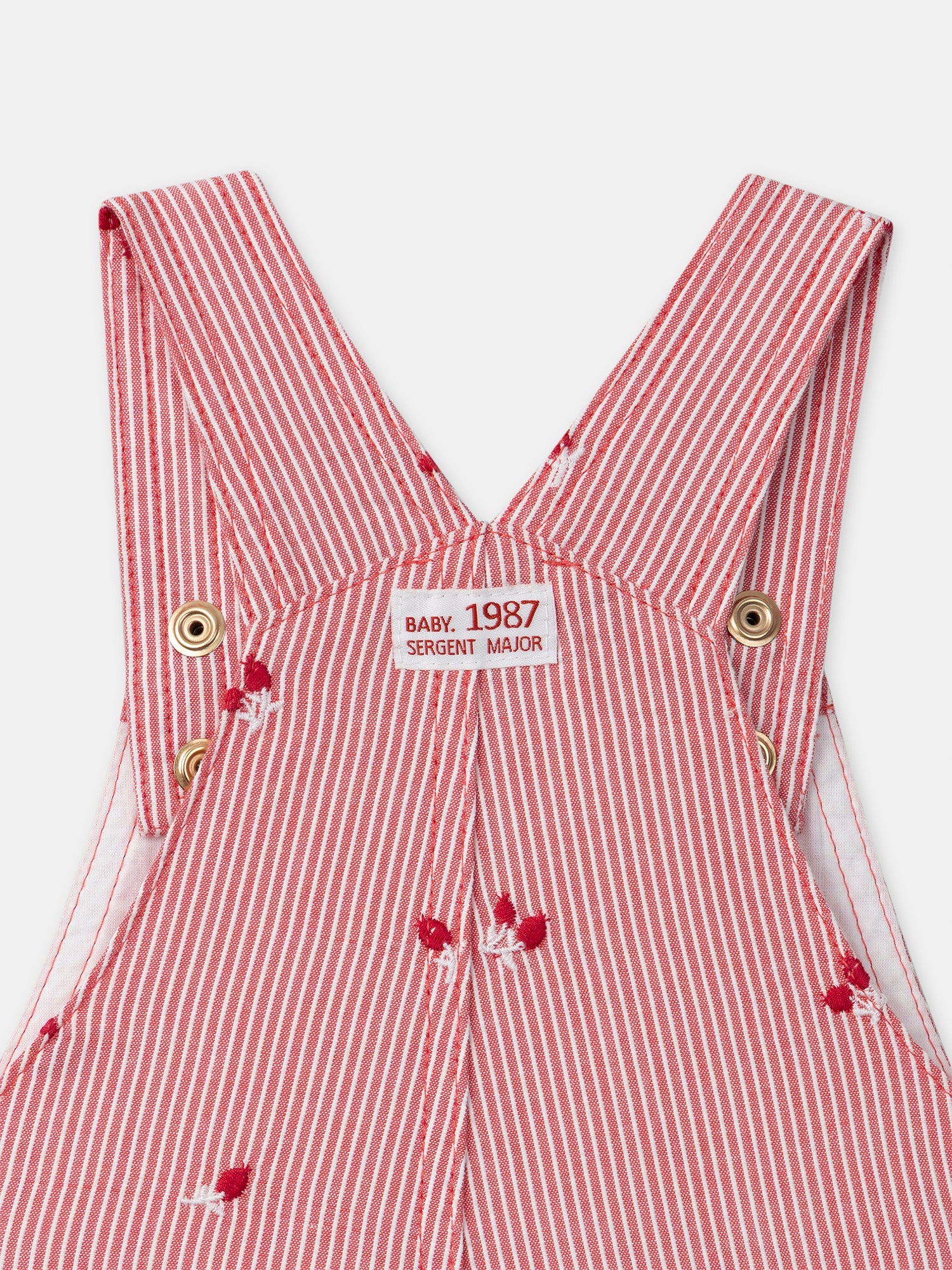 Red striped short dungarees with Baies embroidery Baby Girl