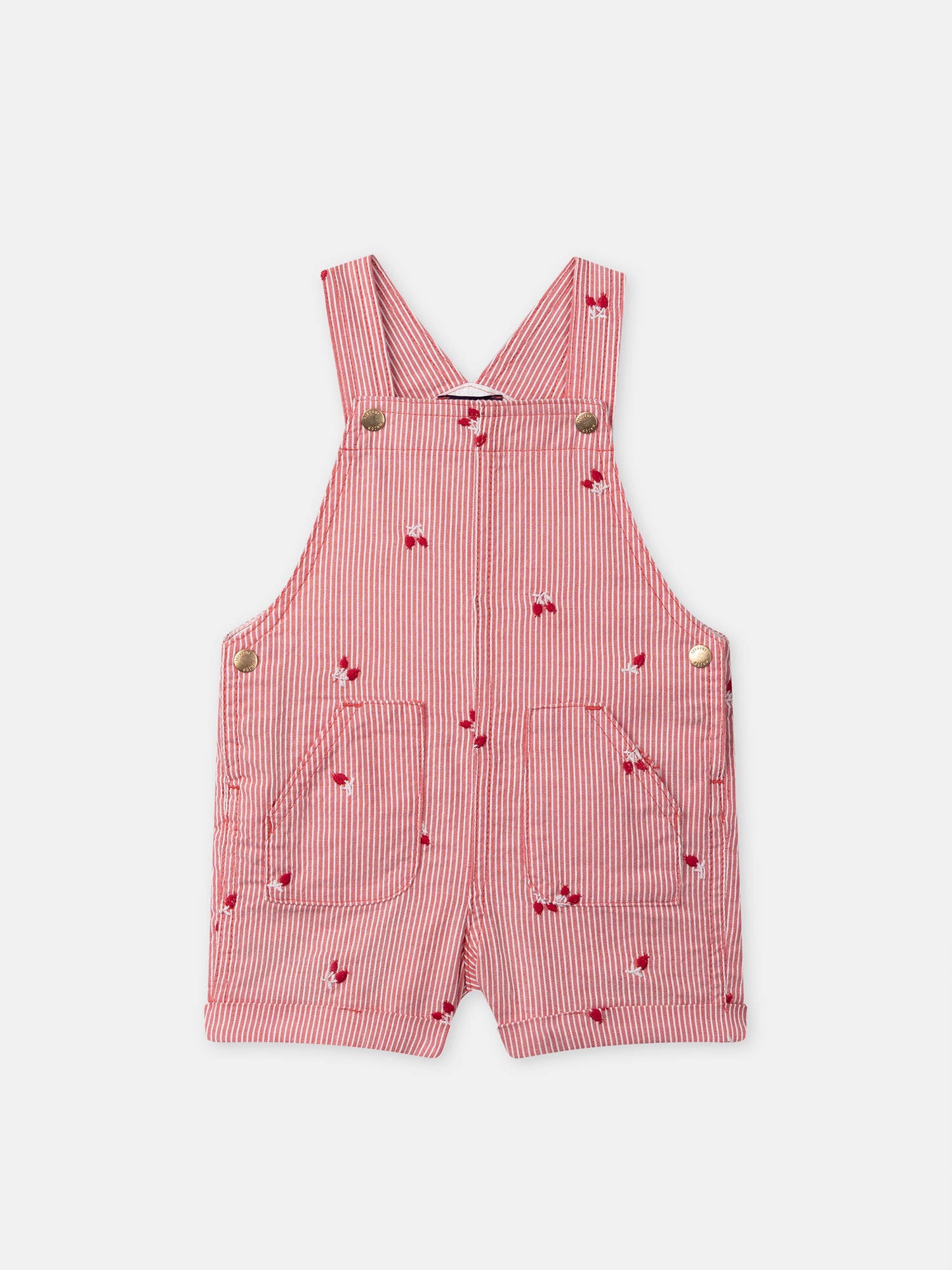 Red striped short dungarees with Baies embroidery Baby Girl