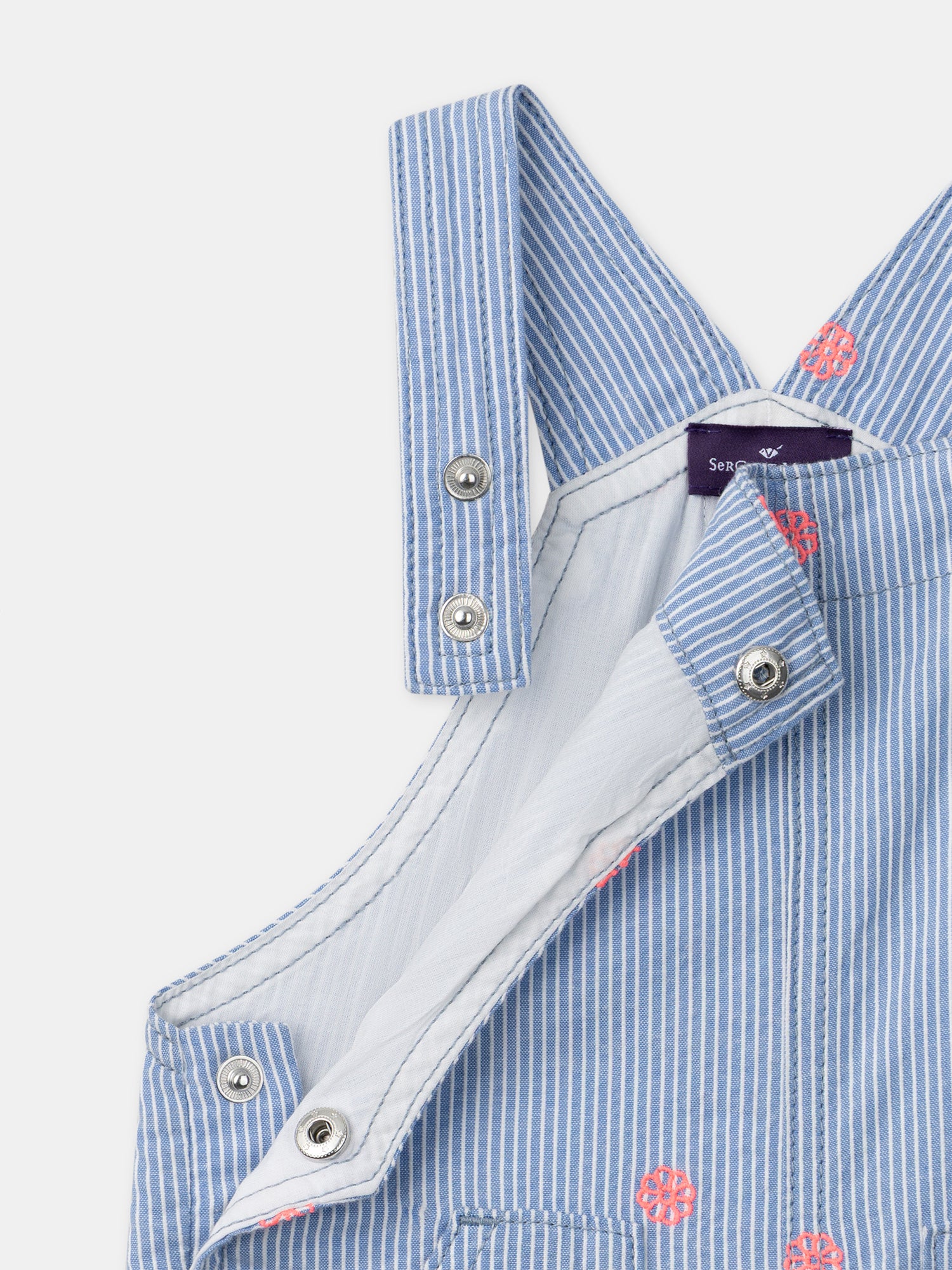 Blue striped short dungaree with floral embroidery for baby girls