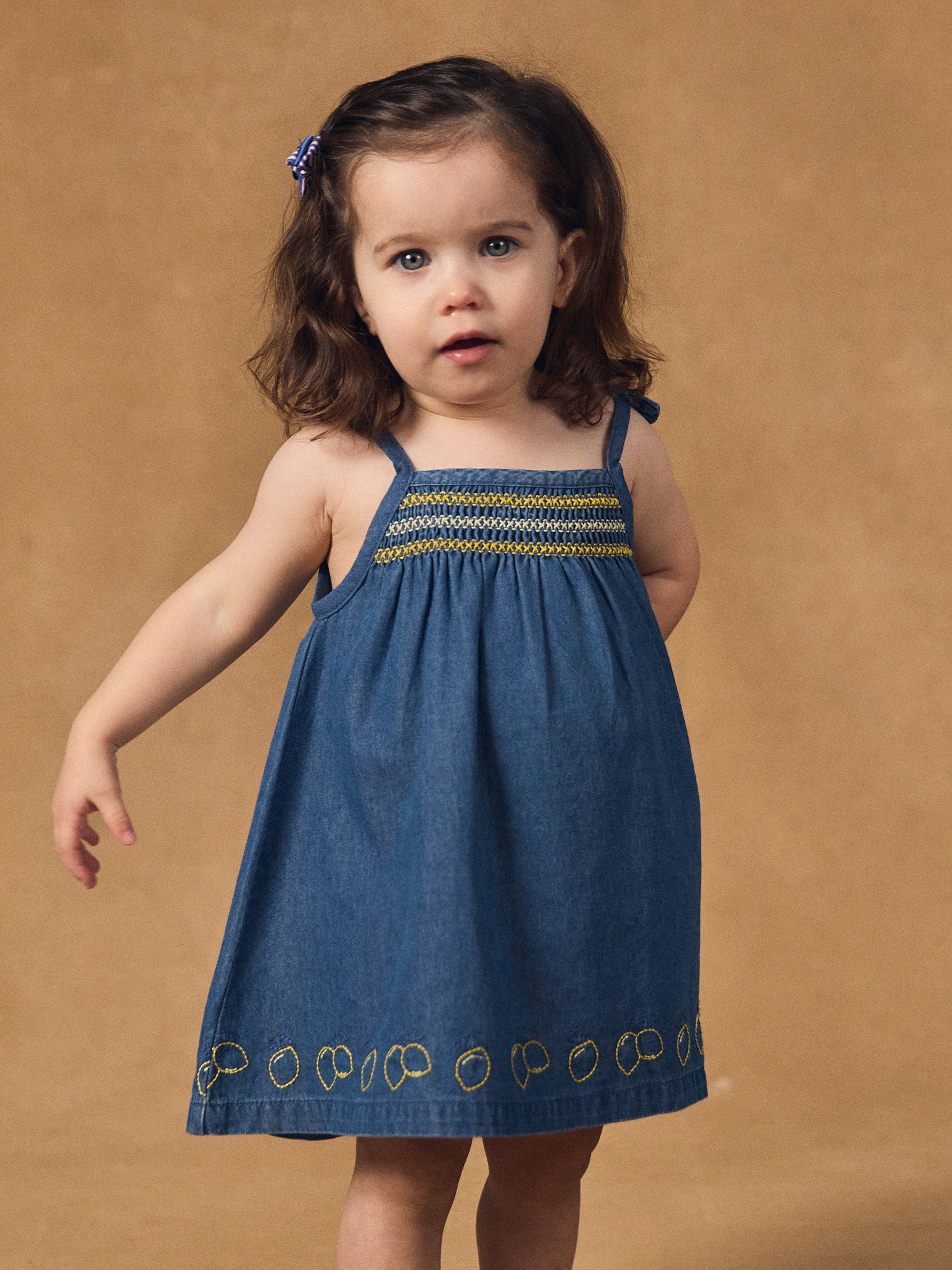 Denim Dress with Lemon Embroidery for Baby Girl