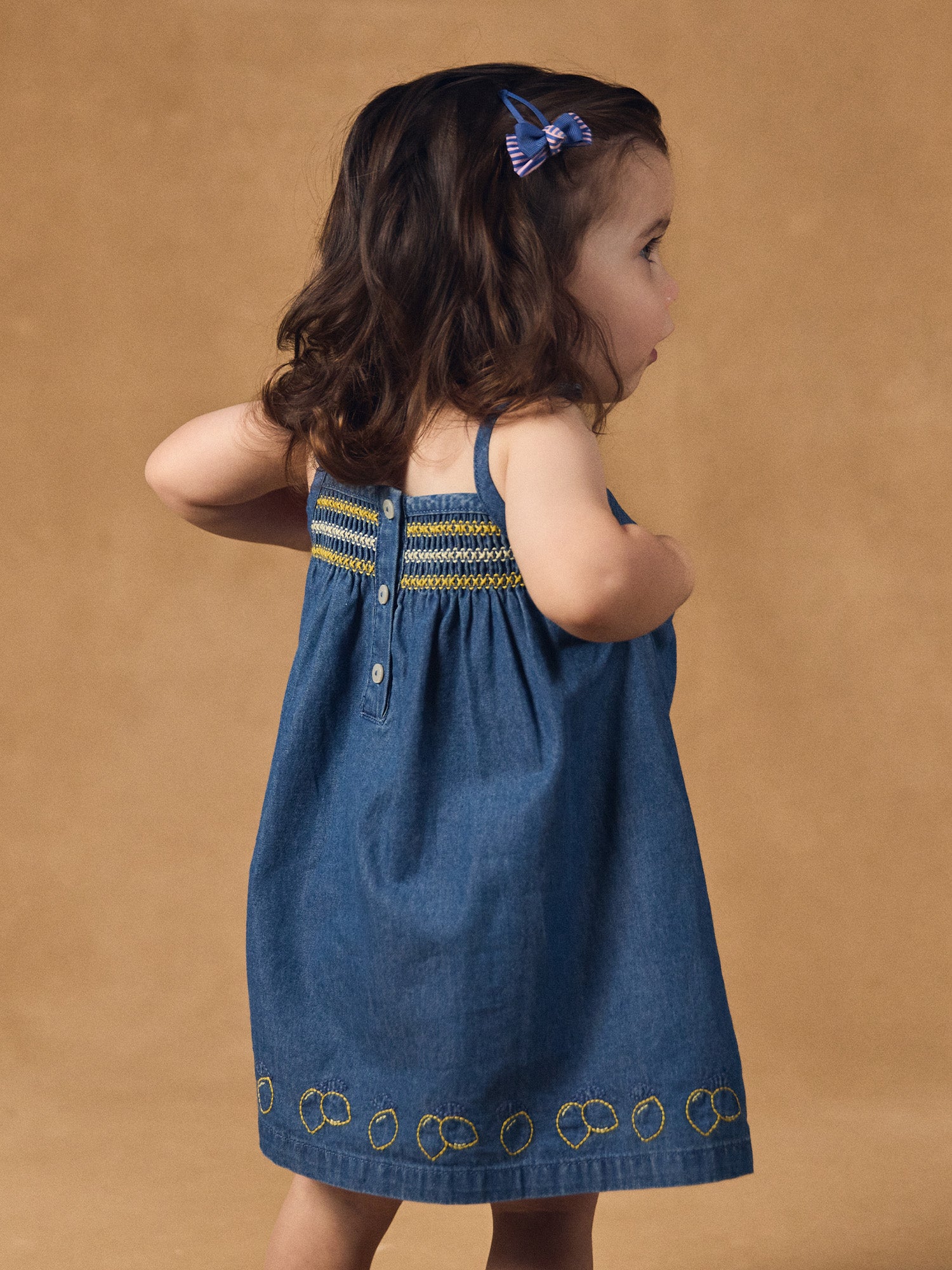 Denim Dress with Lemon Embroidery for Baby Girl