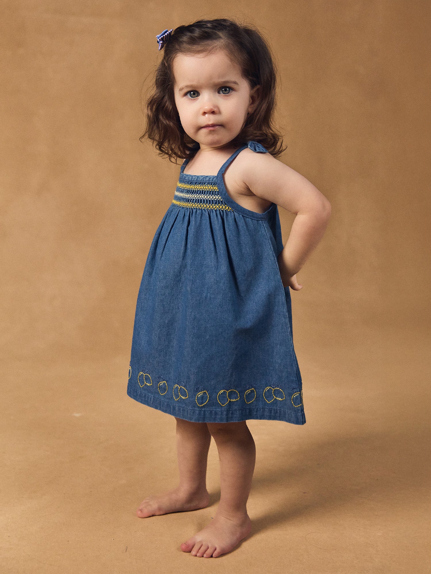 Denim Dress with Lemon Embroidery for Baby Girl
