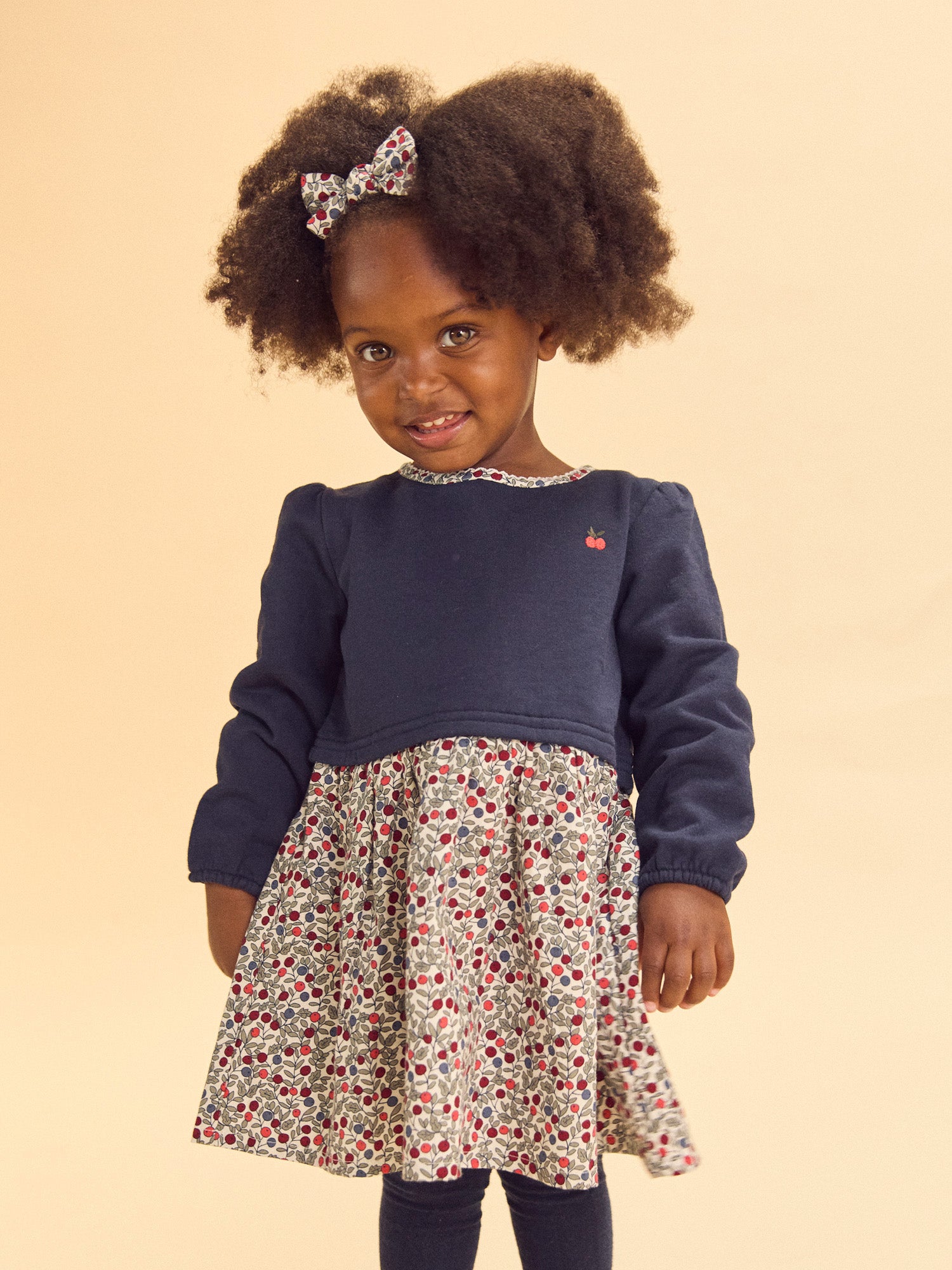 Two-Material Dress Navy Blue Top and Printed Berries Bottom Baby Girl