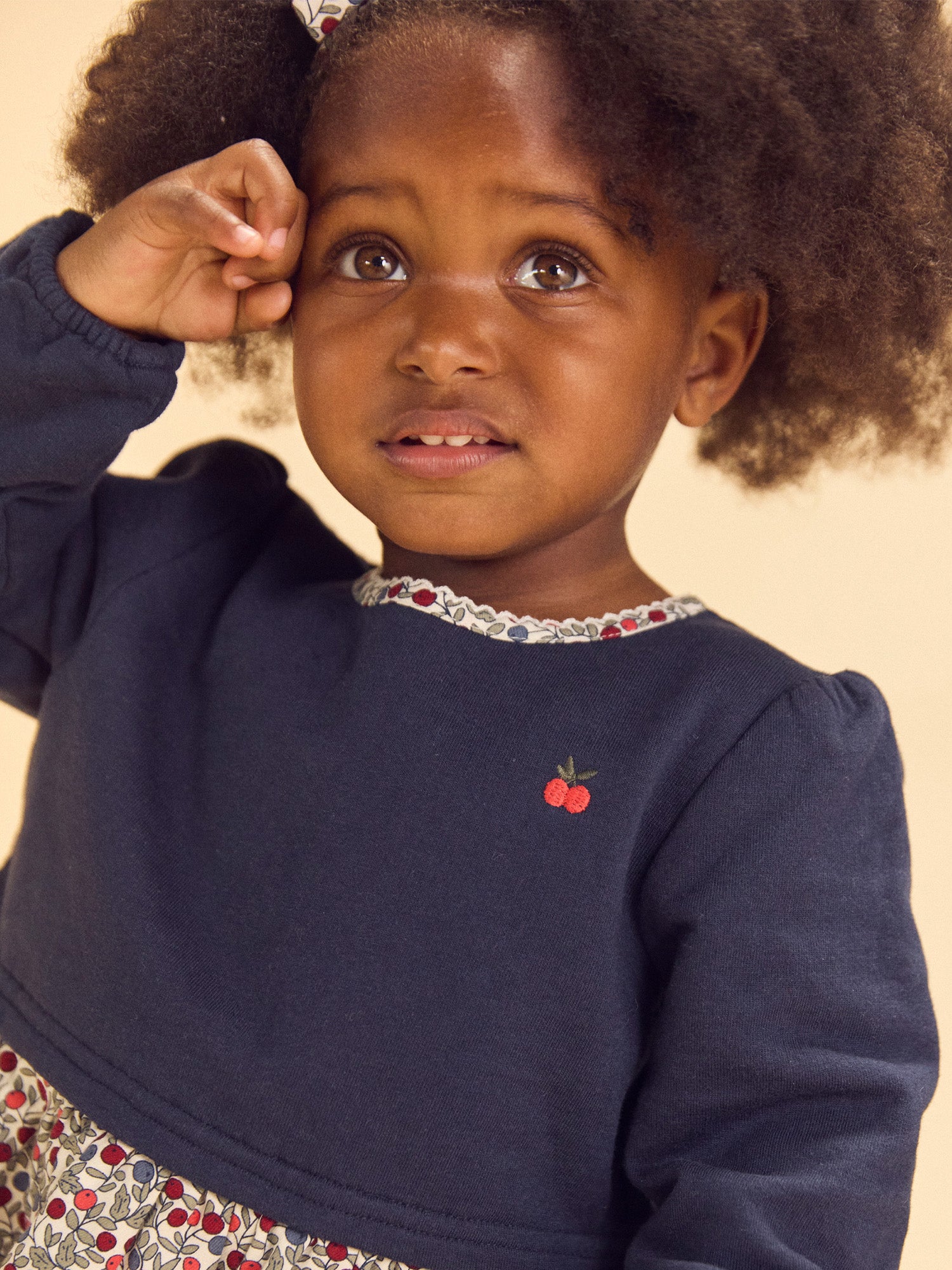 Two-Material Dress Navy Blue Top and Printed Berries Bottom Baby Girl