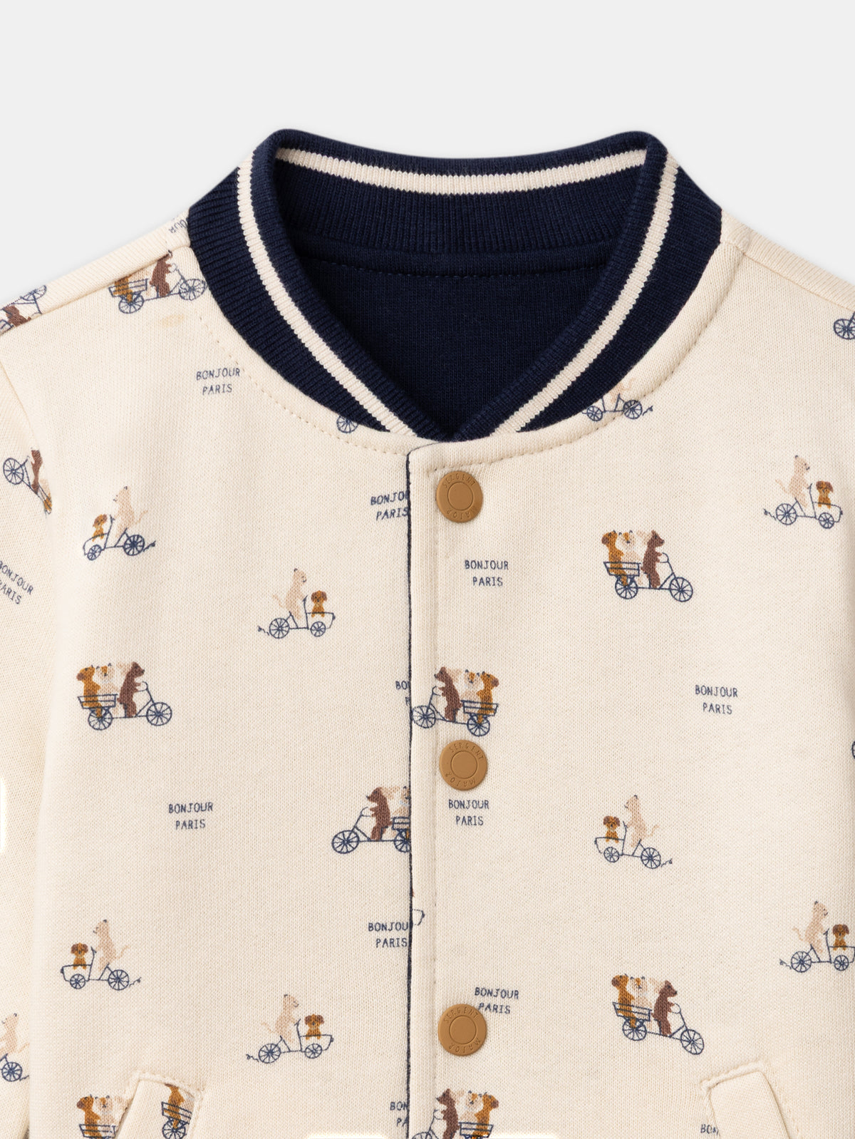 Reversible Teddy in Navy or Ecru Dog Print for Baby Boy