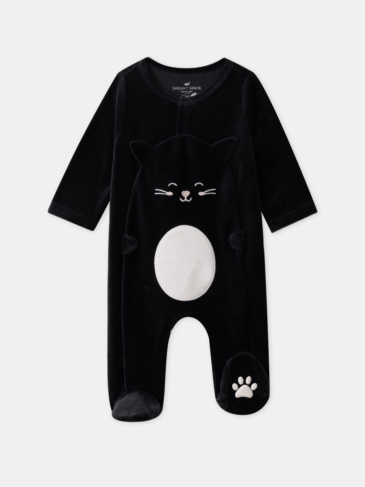 Black Velvet Cat Sleepsuit + Hat for Baby Girls