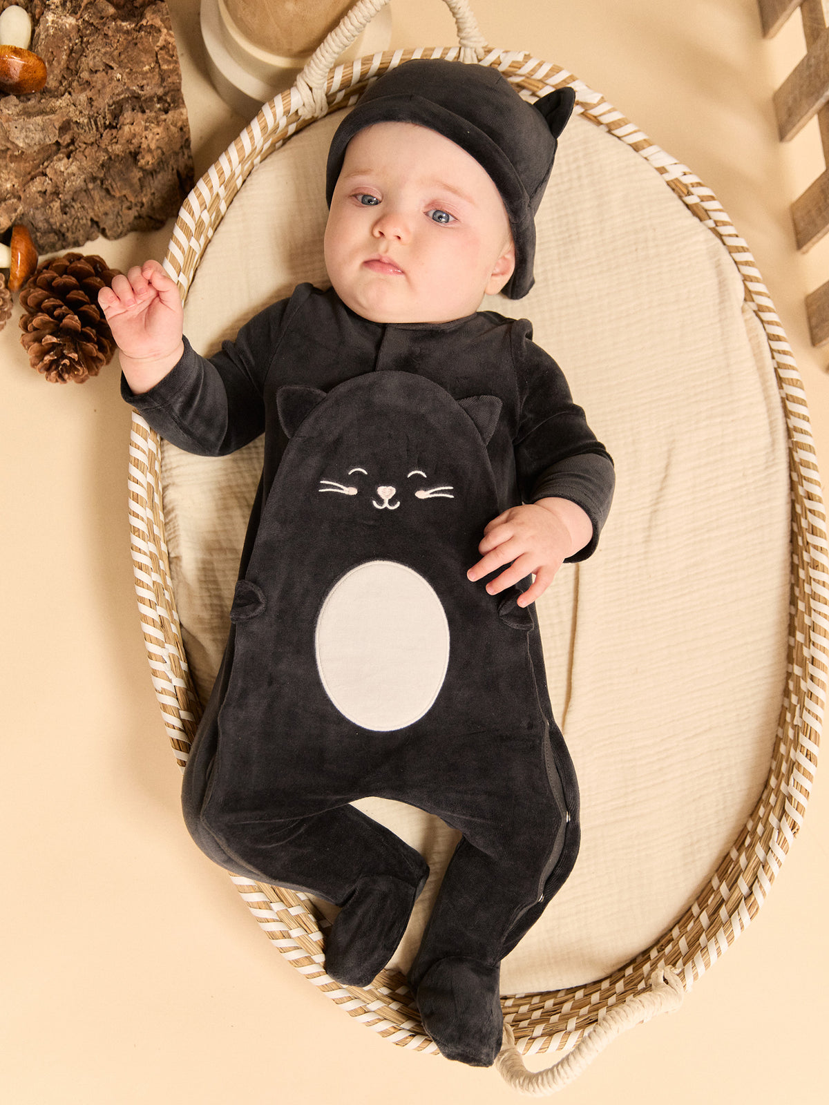 Black Velvet Cat Sleepsuit + Hat for Baby Girls