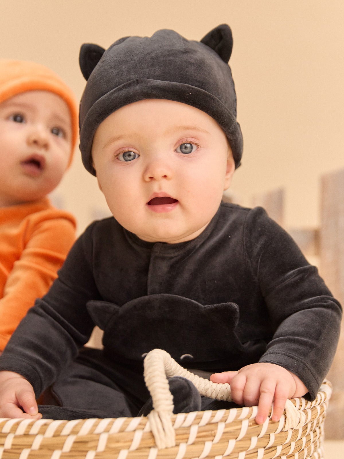 Black Velvet Cat Sleepsuit + Hat for Baby Girls