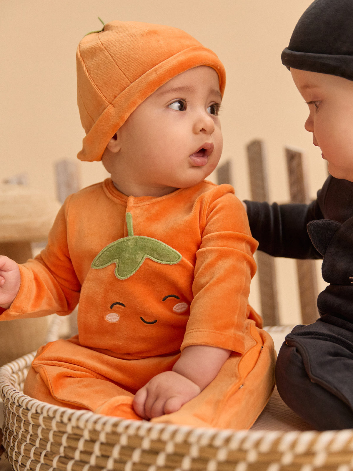 Orange Velvet Pumpkin Sleepsuit + Hat for Baby Boys