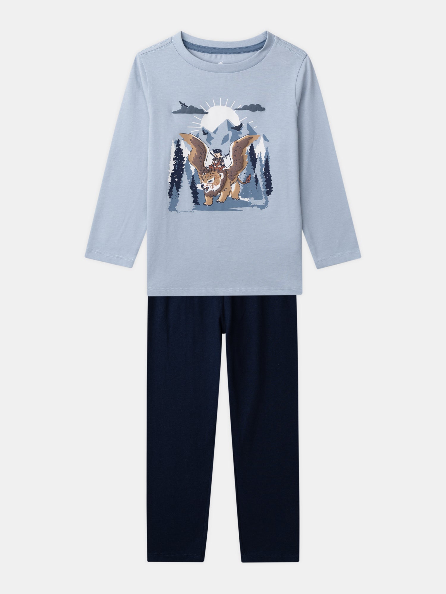 Sky Blue and Navy Blue Pajamas with Griffin Print for Boys