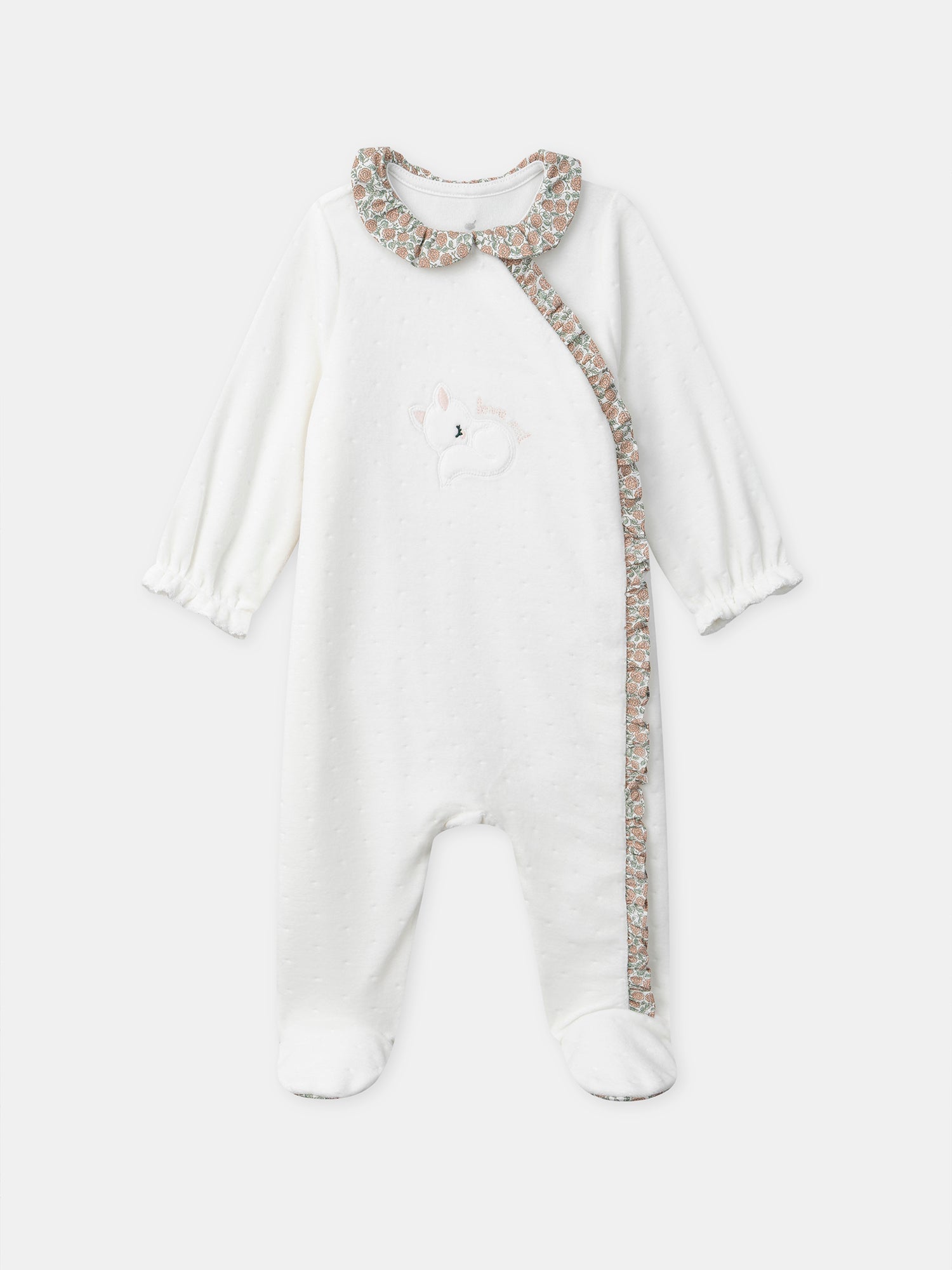White Velour and Floral Baby Sleepsuit for Girls