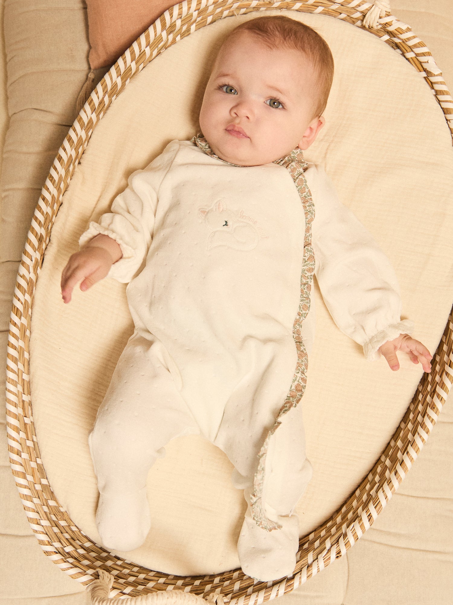 White Velour and Floral Baby Sleepsuit for Girls