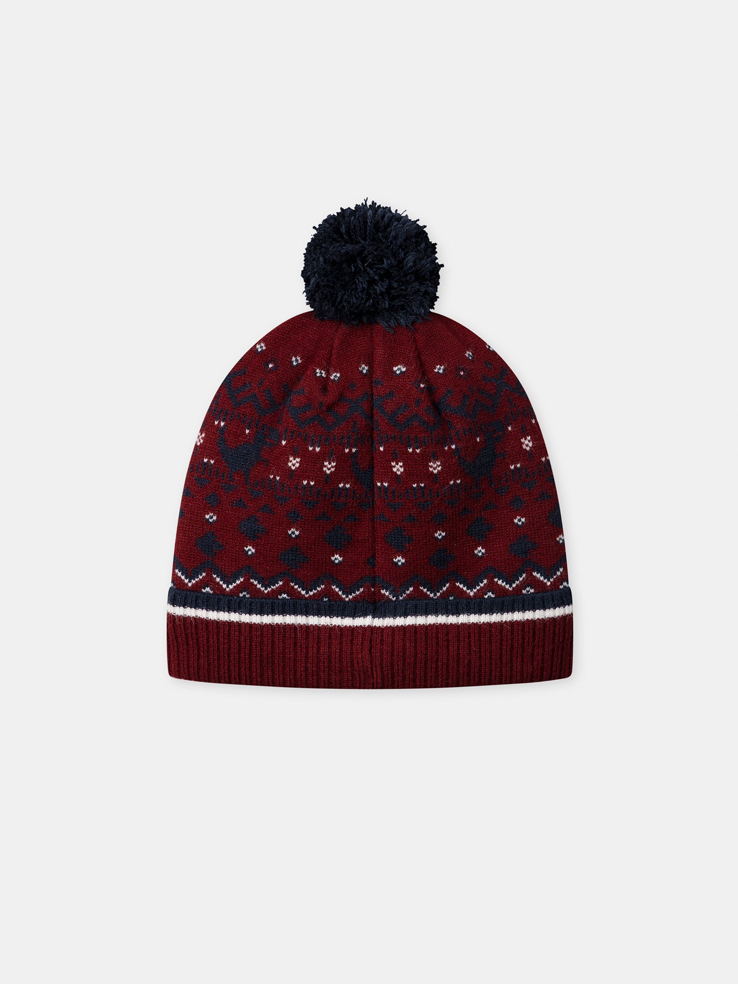 Bordeaux hat with dinosaur pattern and pompom for boys