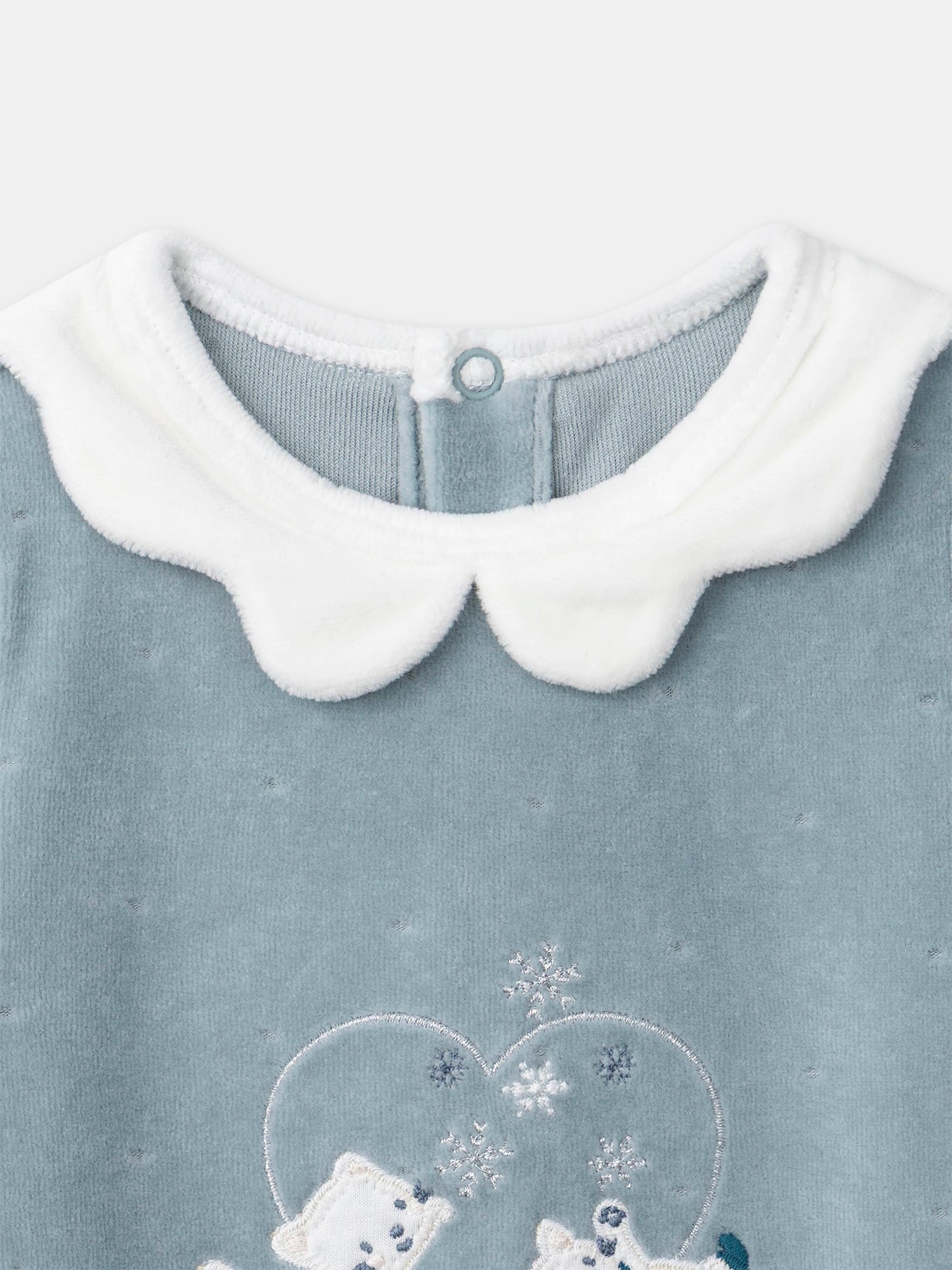 Blue velvet onesie with cat embroidery for baby girls