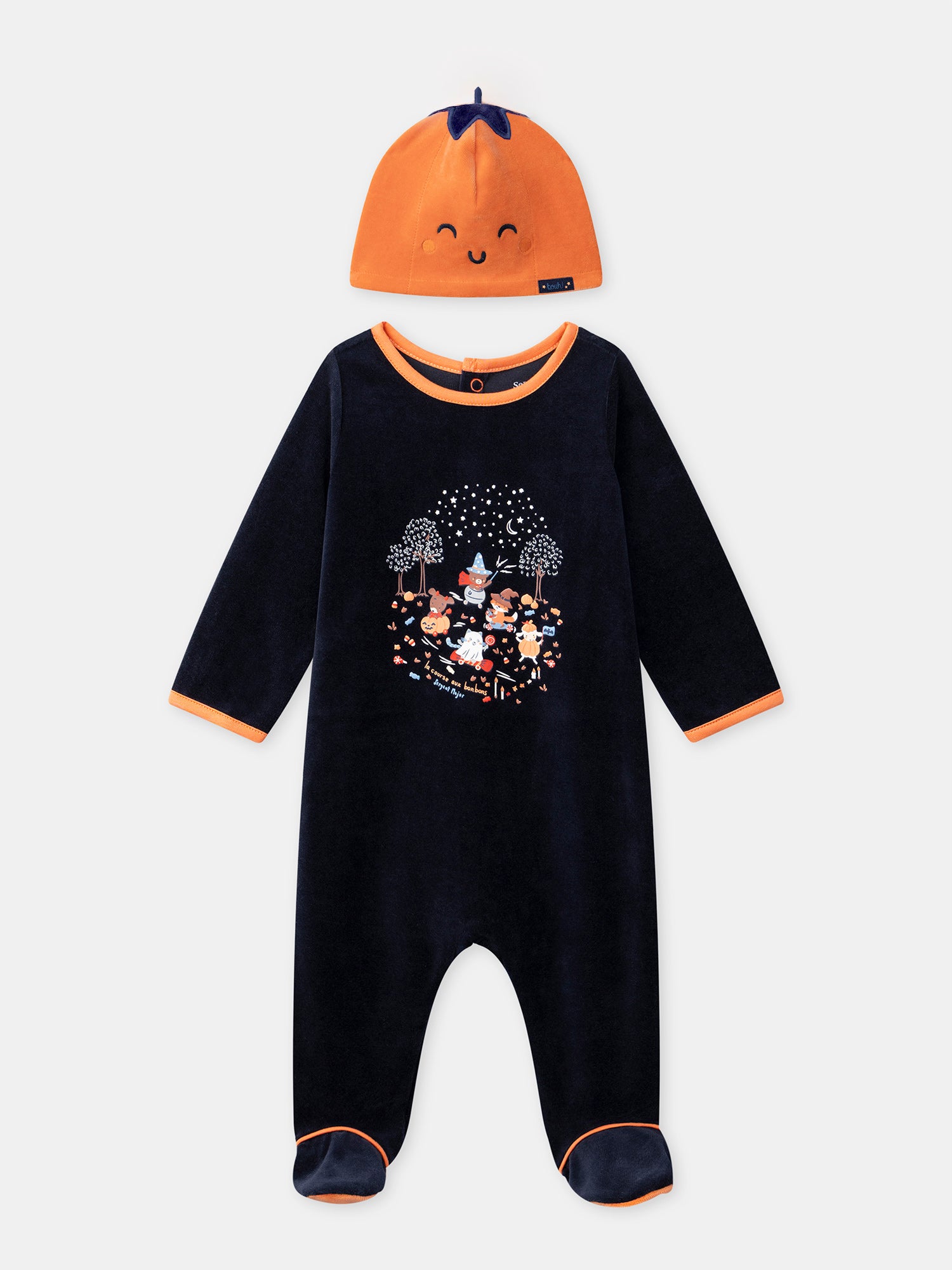 Navy Blue Velour Bodysuit + Pumpkin Hat for Baby Boy