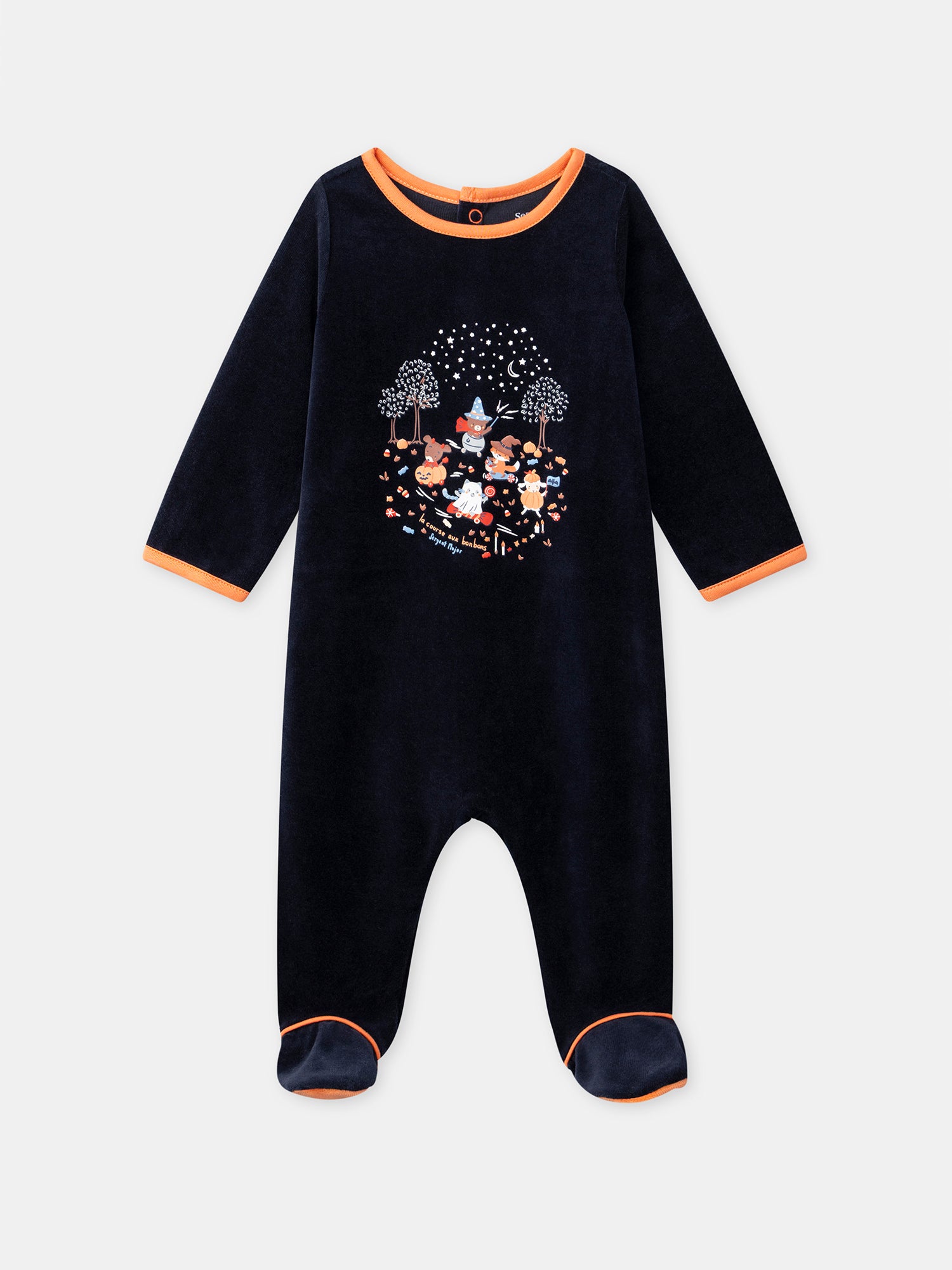Navy Blue Velour Bodysuit + Pumpkin Hat for Baby Boy
