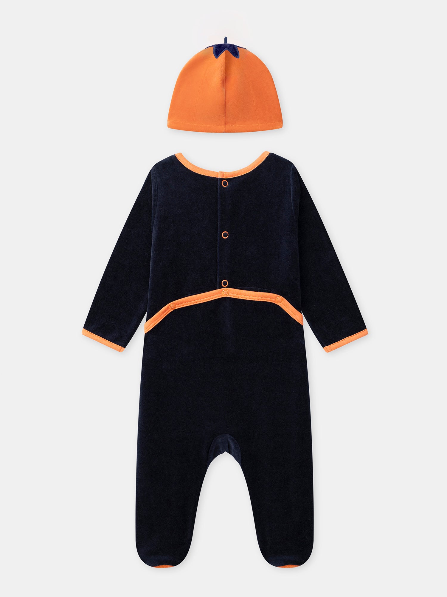 Navy Blue Velour Bodysuit + Pumpkin Hat for Baby Boy