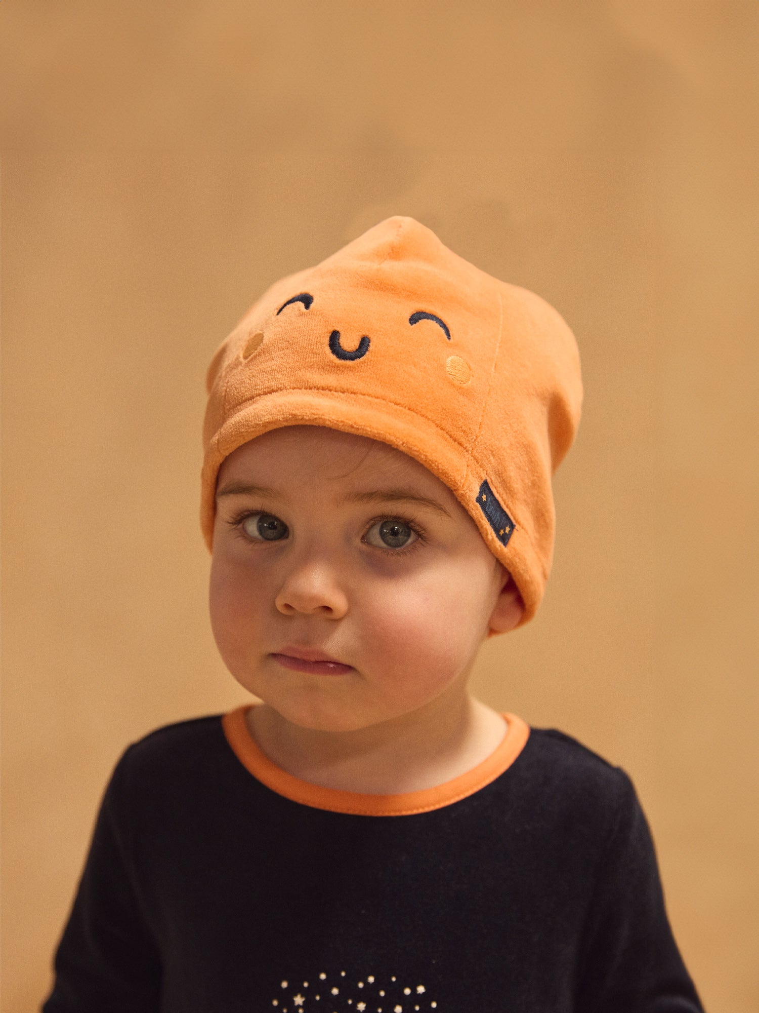 Navy Blue Velour Bodysuit + Pumpkin Hat for Baby Boy