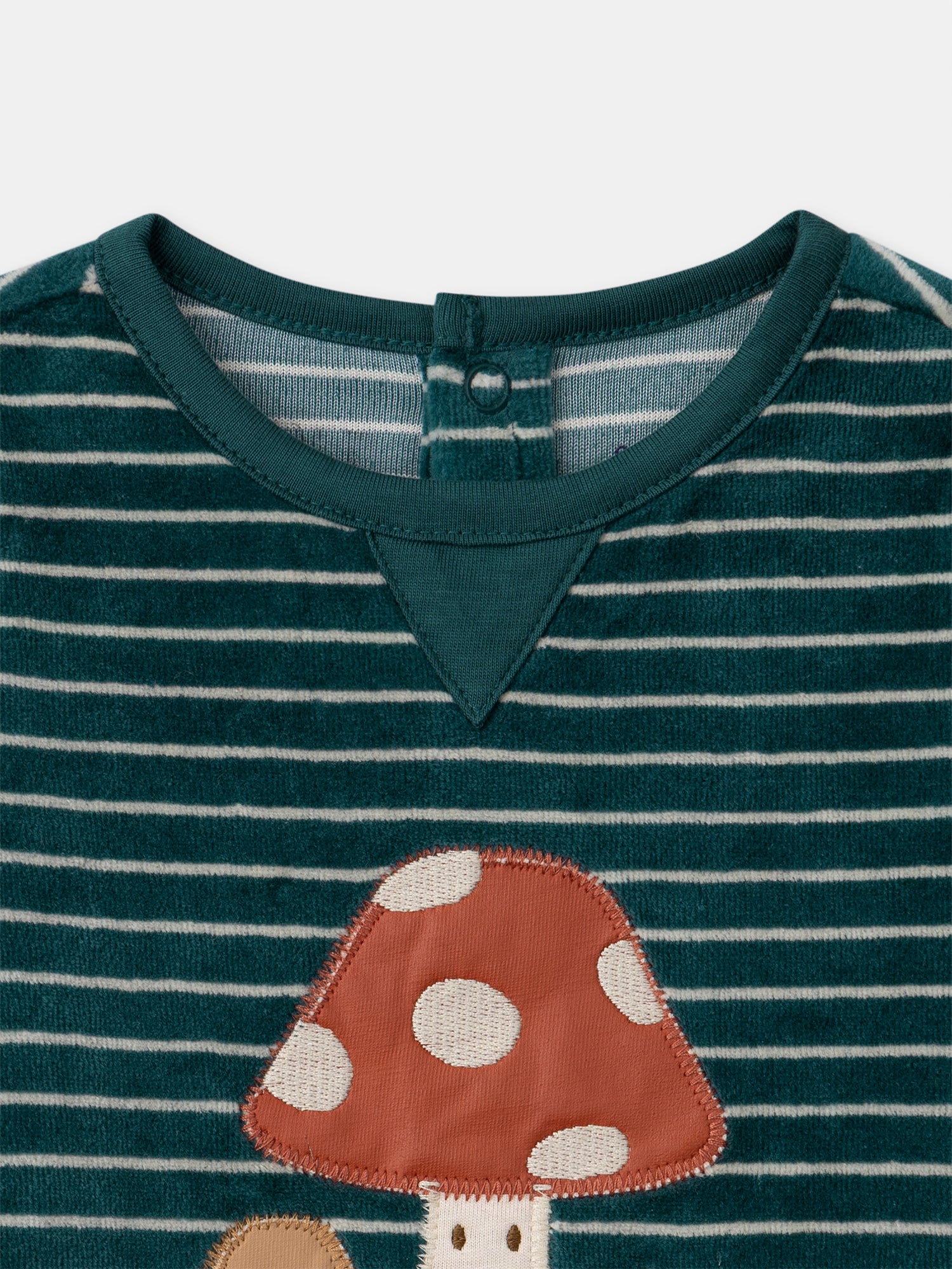 Green velour sleeper with stripes and mushroom embroidery for Baby Boy