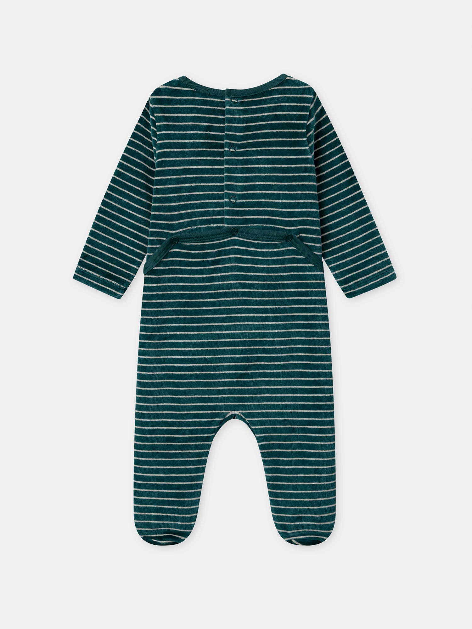Green velour sleeper with stripes and mushroom embroidery for Baby Boy