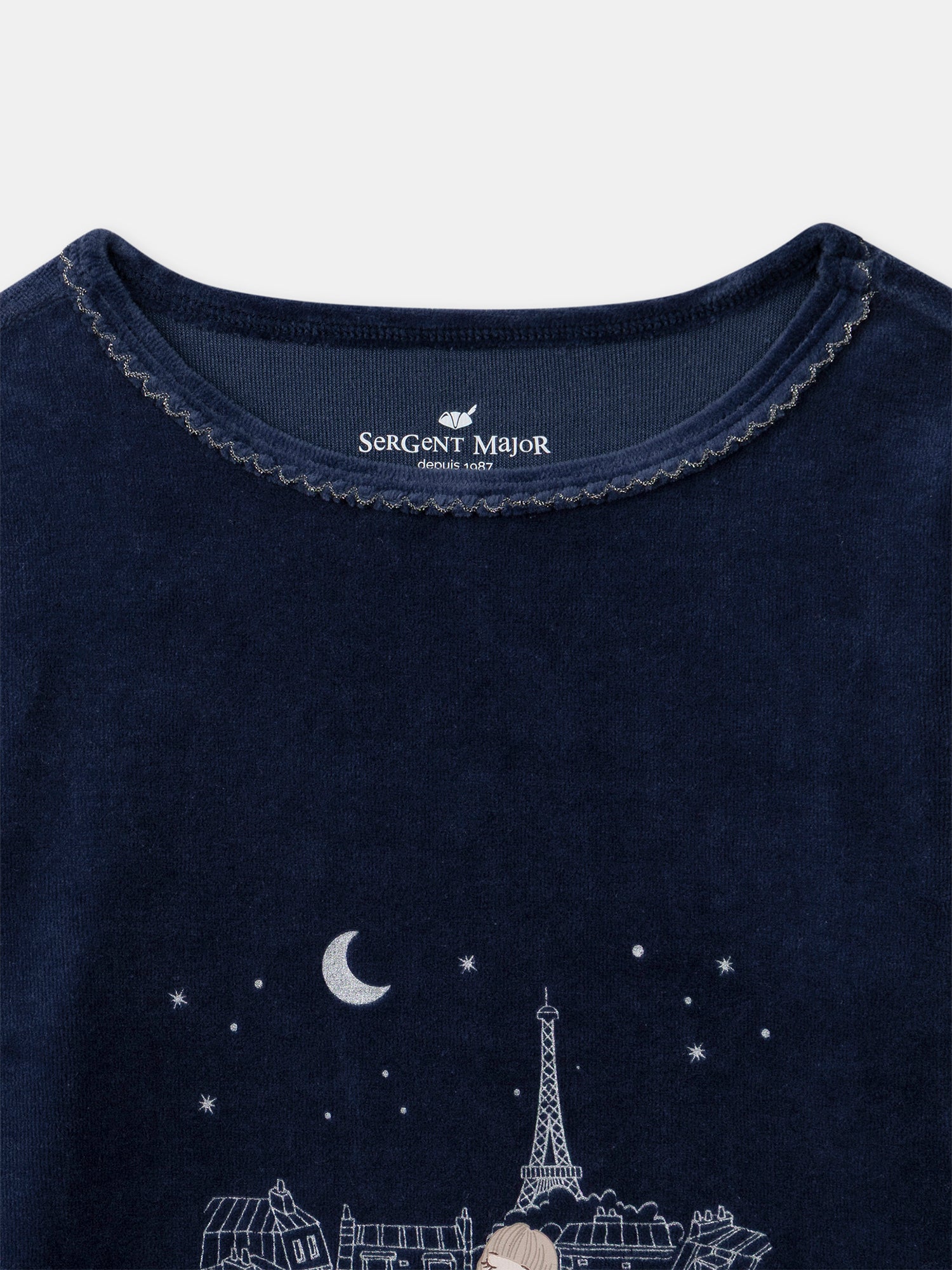 Navy blue velvet pyjama with Eiffel Tower print for girls