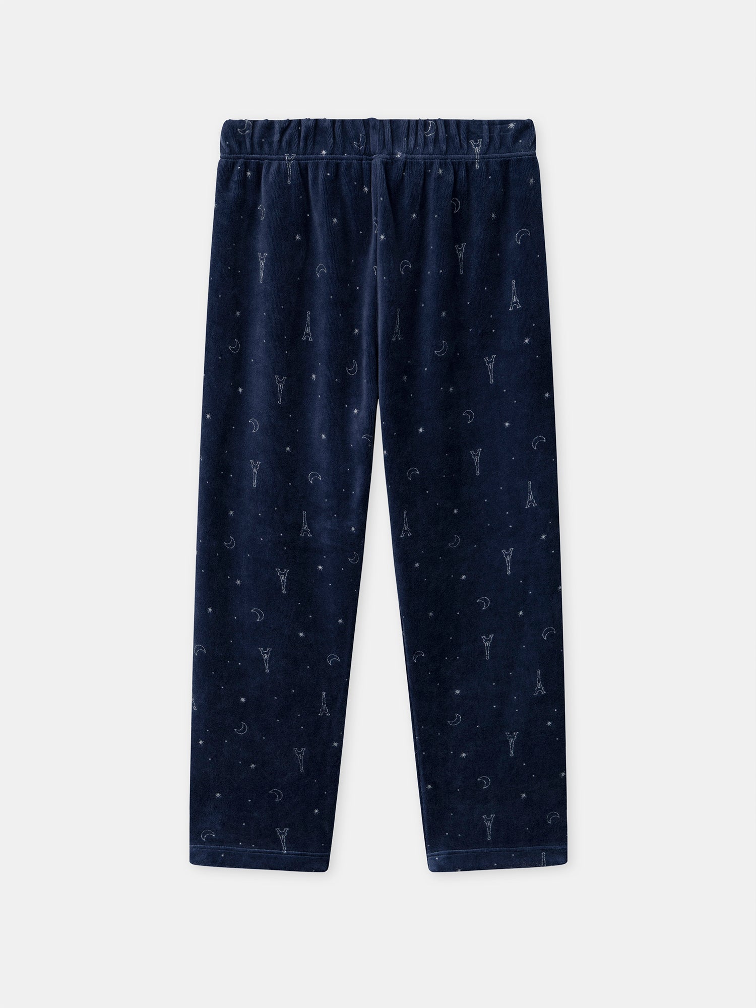 Navy blue velvet pyjama with Eiffel Tower print for girls