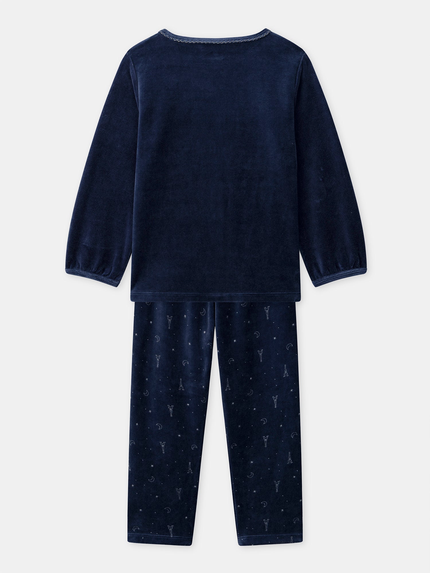 Navy blue velvet pyjama with Eiffel Tower print for girls