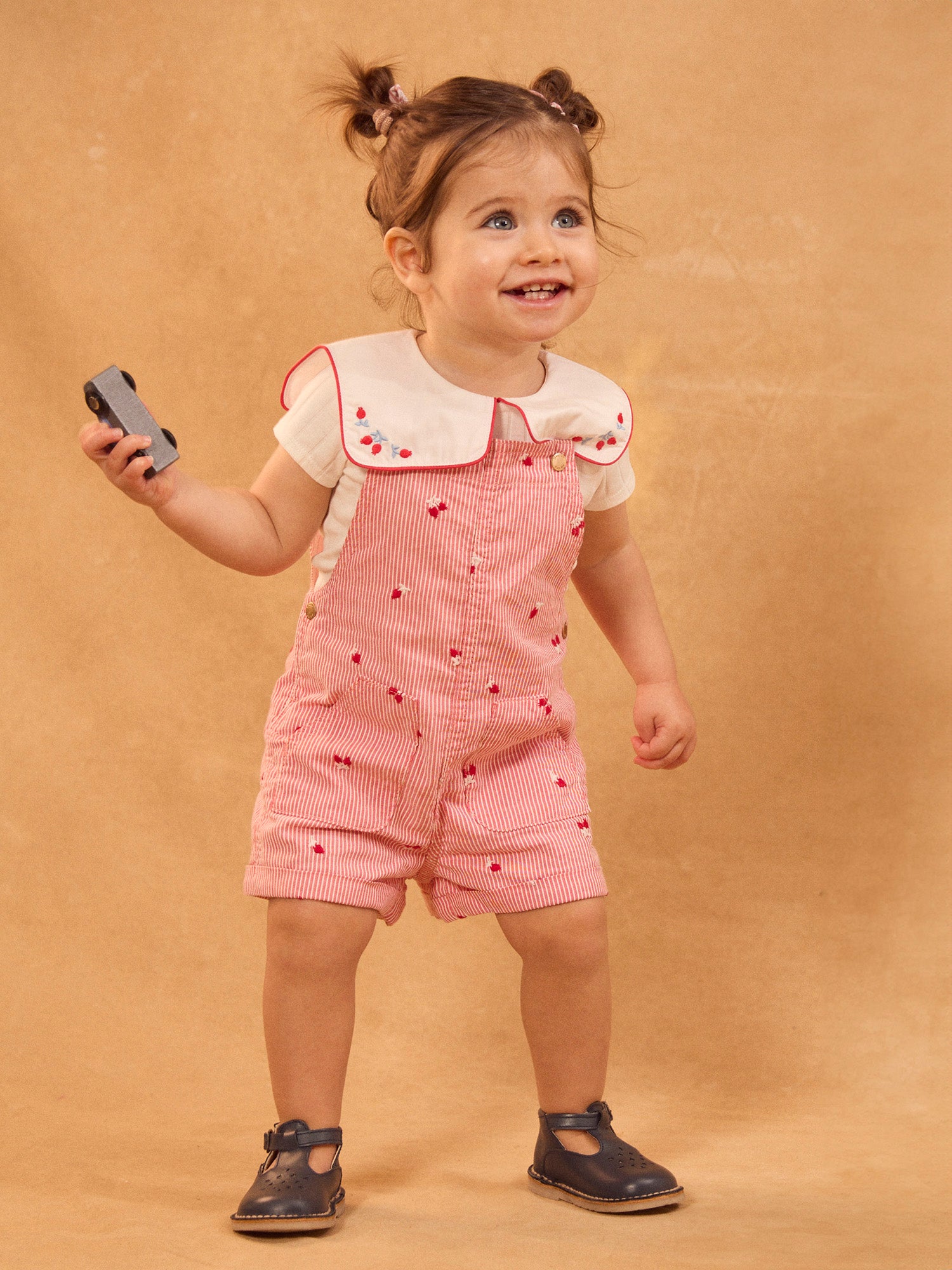 Red striped short dungarees with Baies embroidery Baby Girl