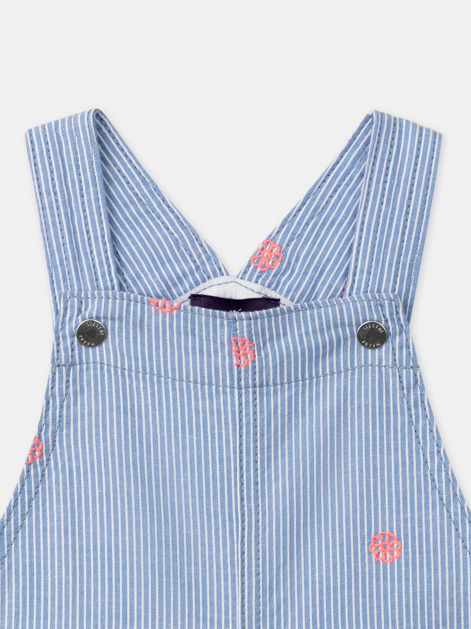 Blue striped short dungaree with floral embroidery for baby girls