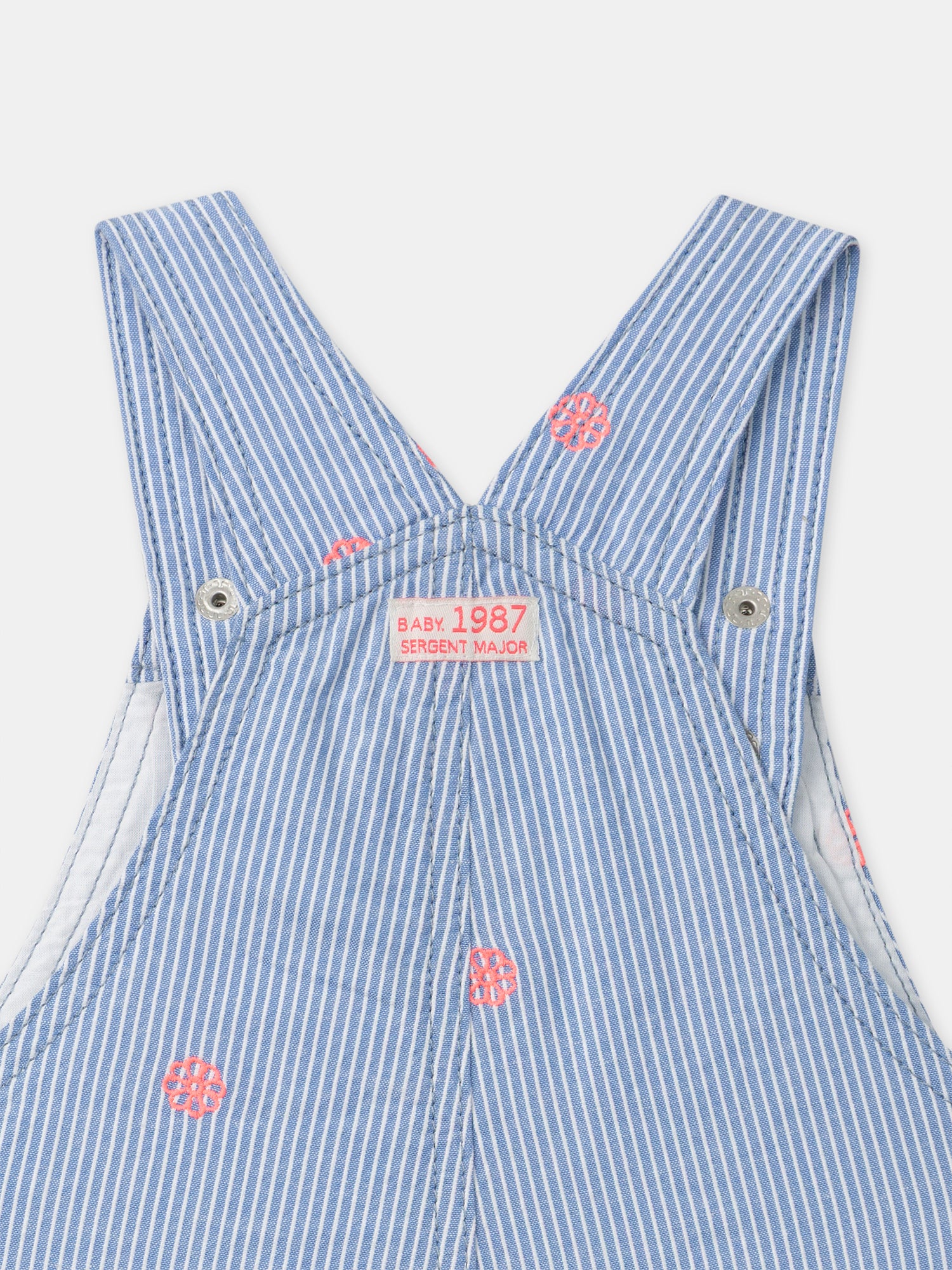 Blue striped short dungaree with floral embroidery for baby girls