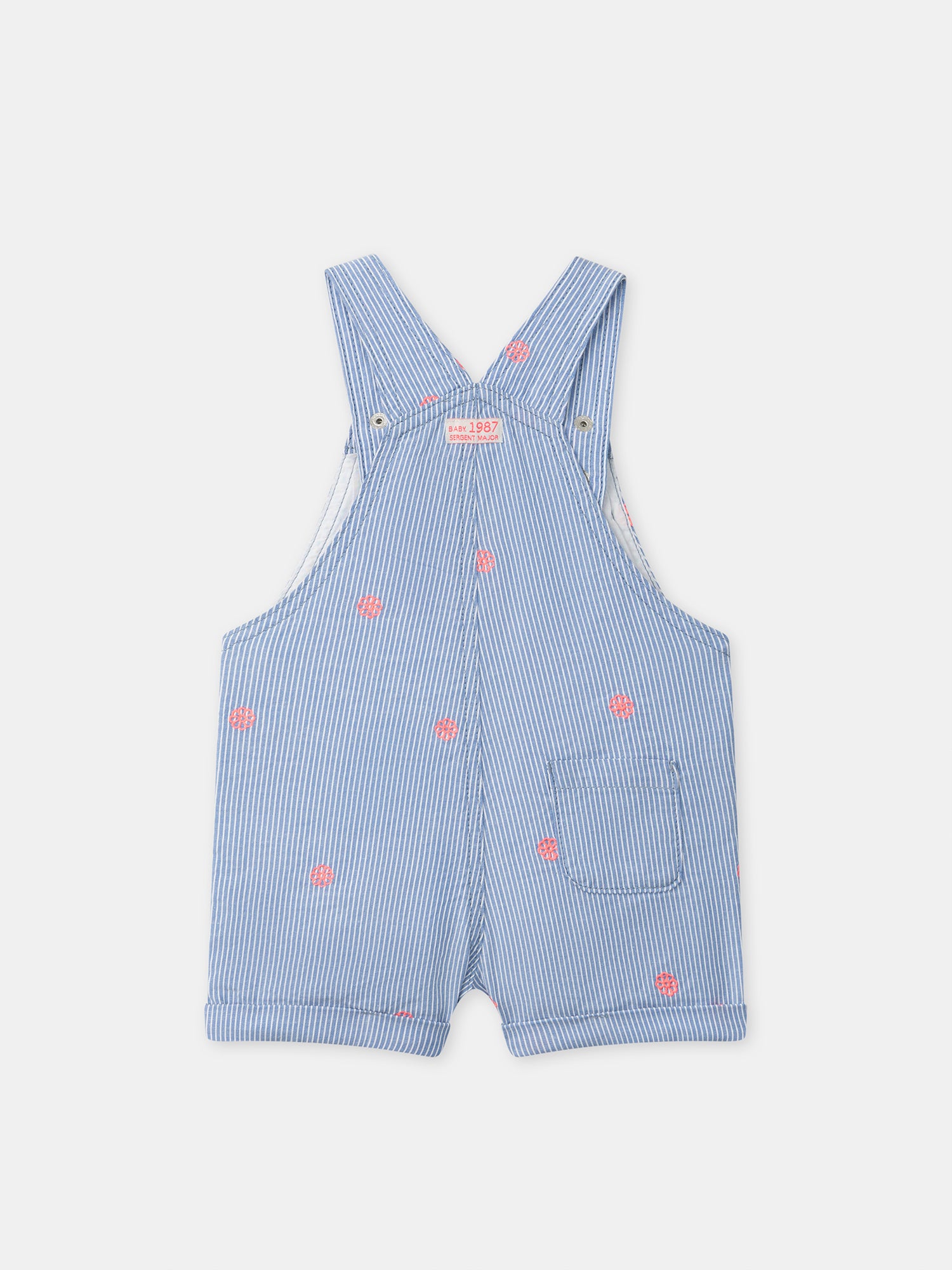 Blue striped short dungaree with floral embroidery for baby girls