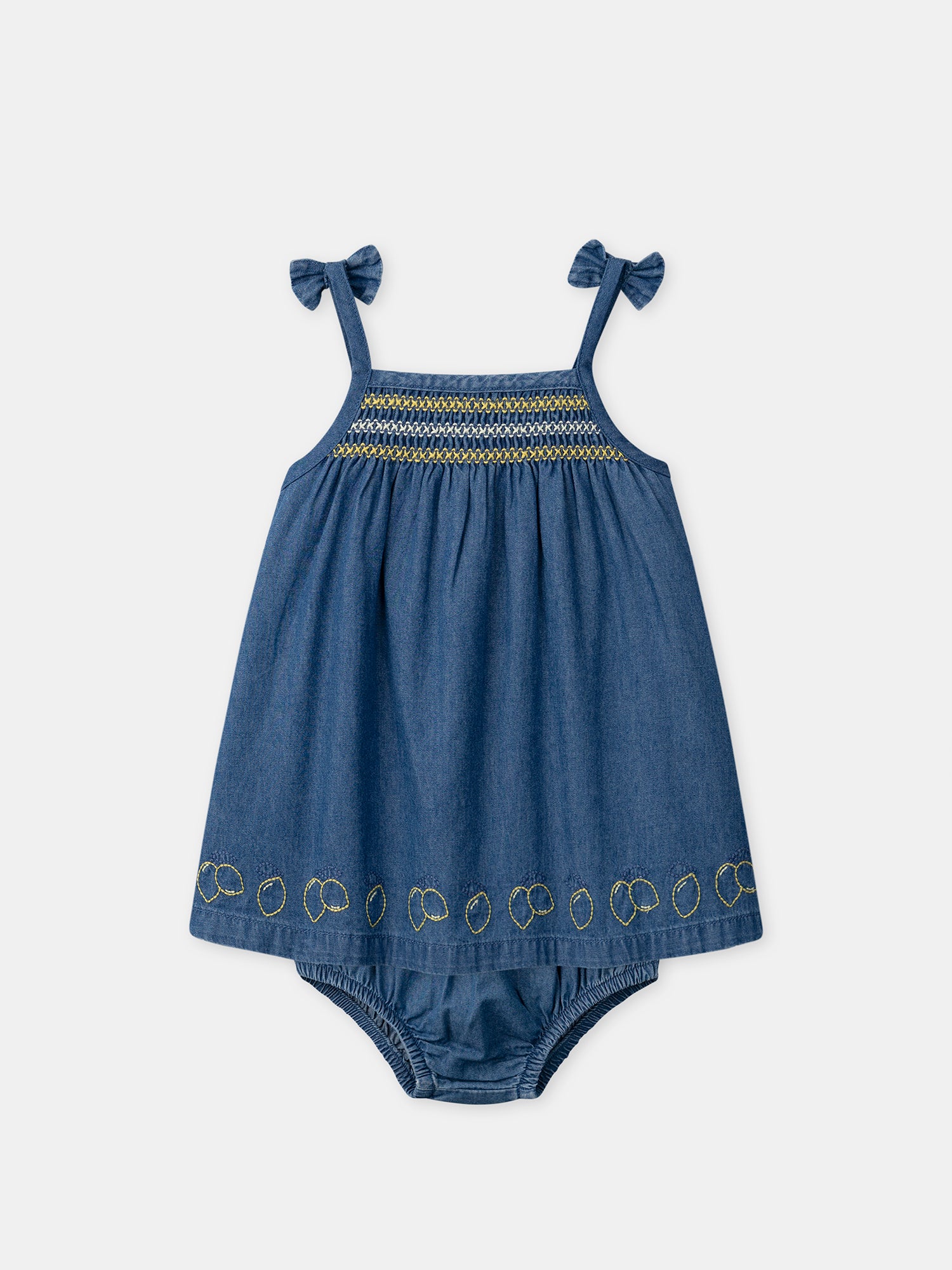 Denim Dress with Lemon Embroidery for Baby Girl