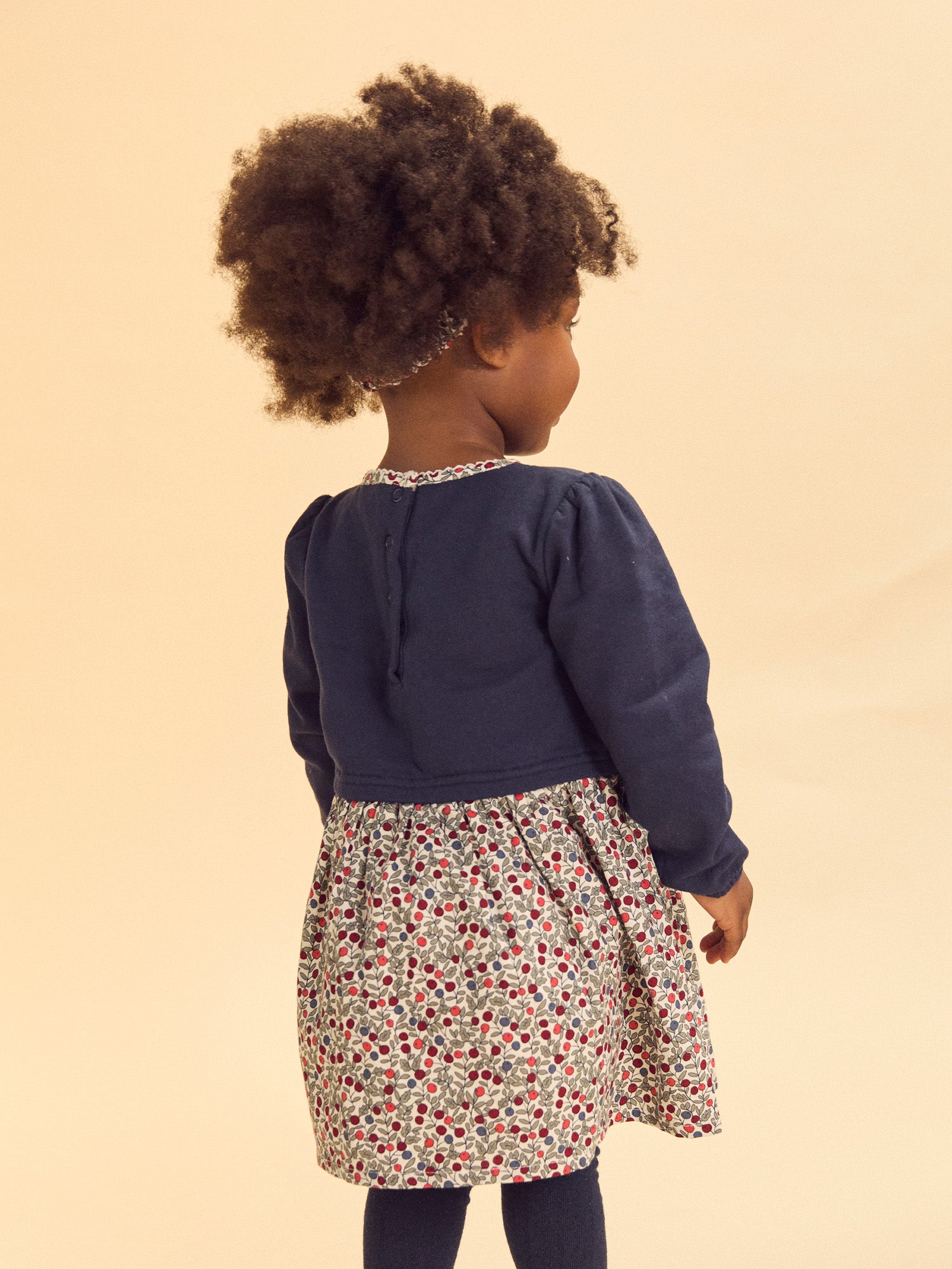 Two-Material Dress Navy Blue Top and Printed Berries Bottom Baby Girl