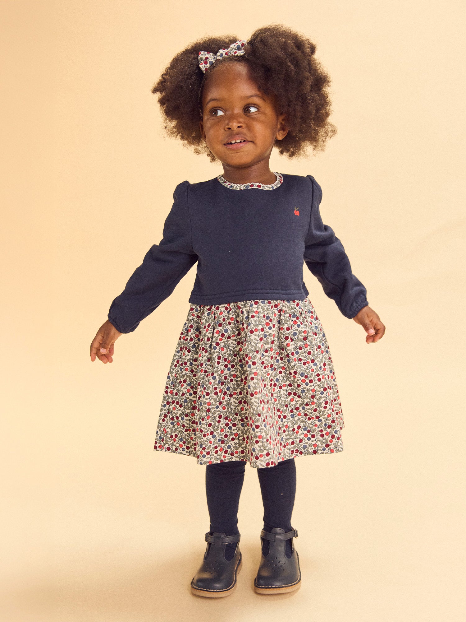 Two-Material Dress Navy Blue Top and Printed Berries Bottom Baby Girl