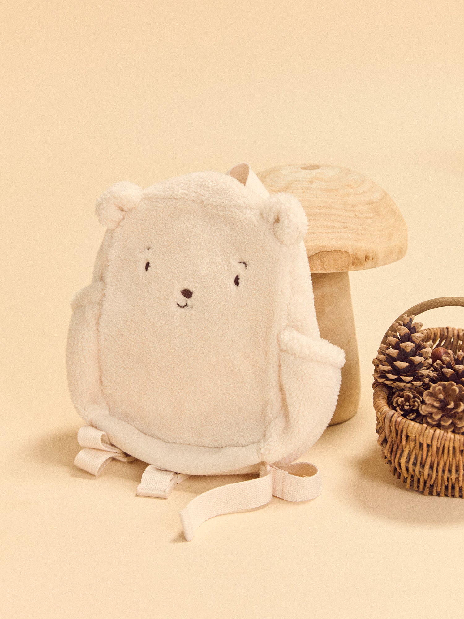 Ecru Backpack with Bear Face and 3D Ears Baby Boy