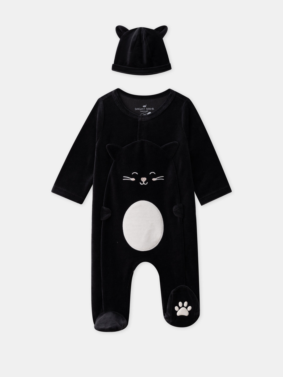 Black Velvet Cat Sleepsuit + Hat for Baby Girls
