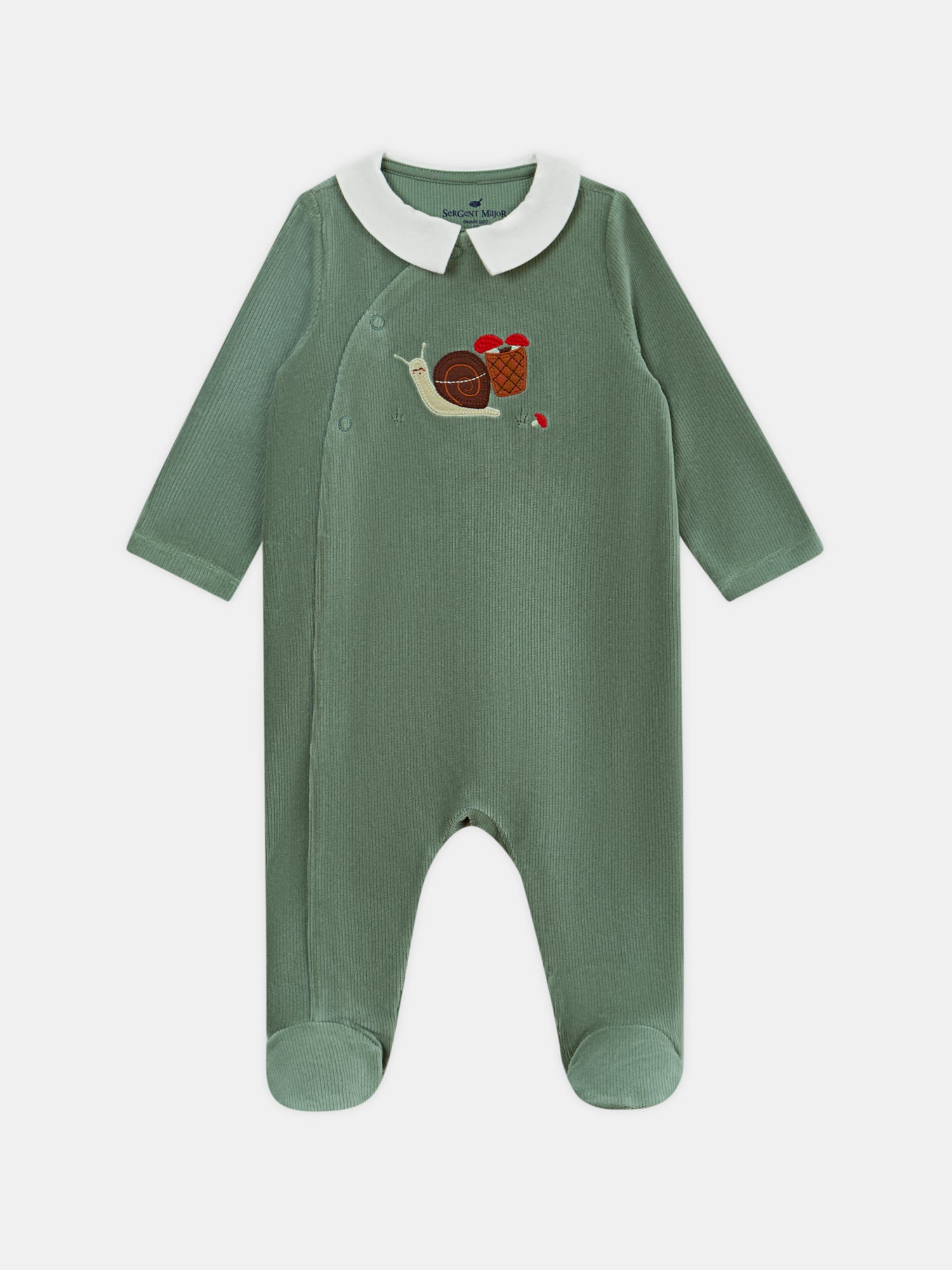 Grey-green velour snail-embroidered bodysuit baby boy